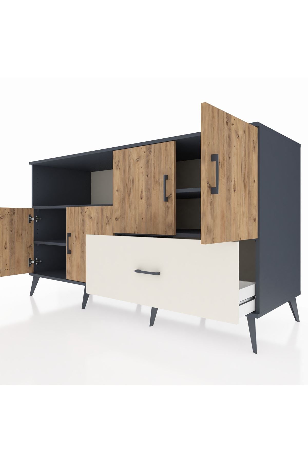 Kronos Konsol 4 Raflı Tek Çekmeceli 4 Kapaklı 176x59x99 Antrasit-Çam/Aytaşı