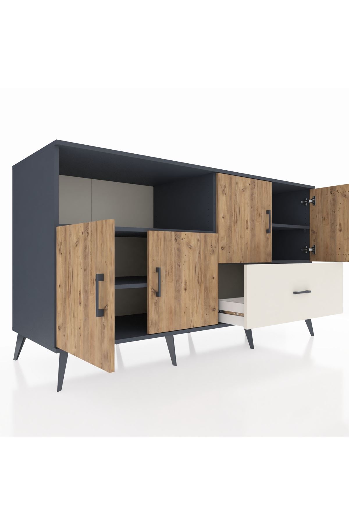 Kronos Konsol 4 Raflı Tek Çekmeceli 4 Kapaklı 176x59x99 Antrasit-Çam/Aytaşı