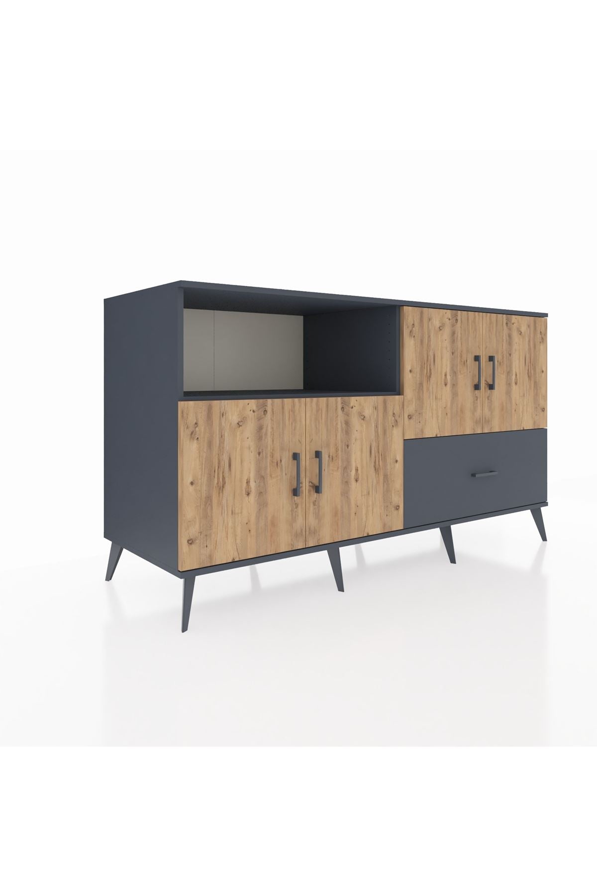 Kronos Konsol 4 Raflı Tek Çekmeceli 4 Kapaklı 176x59x99 Antrasit-Çam/Antrasit