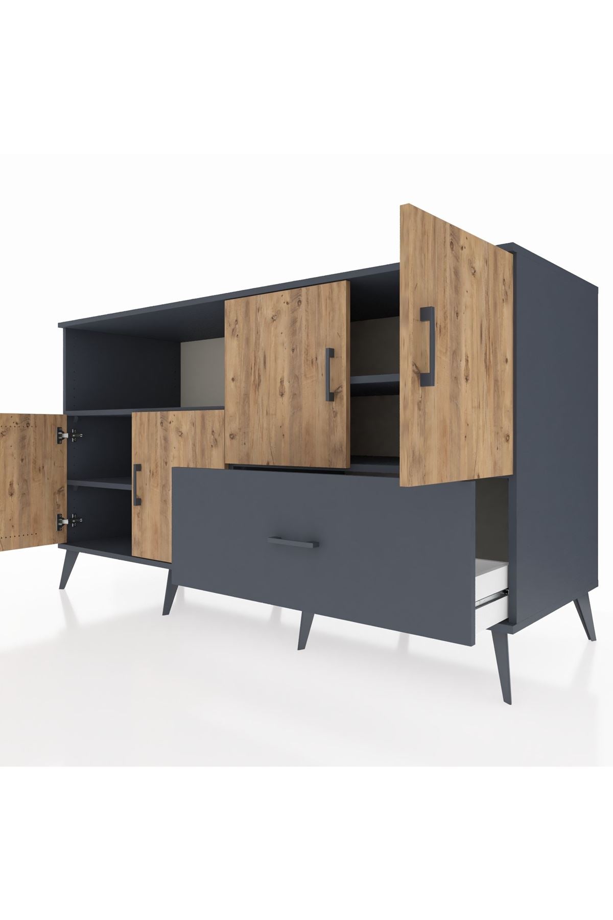 Kronos Konsol 4 Raflı Tek Çekmeceli 4 Kapaklı 176x59x99 Antrasit-Çam/Antrasit