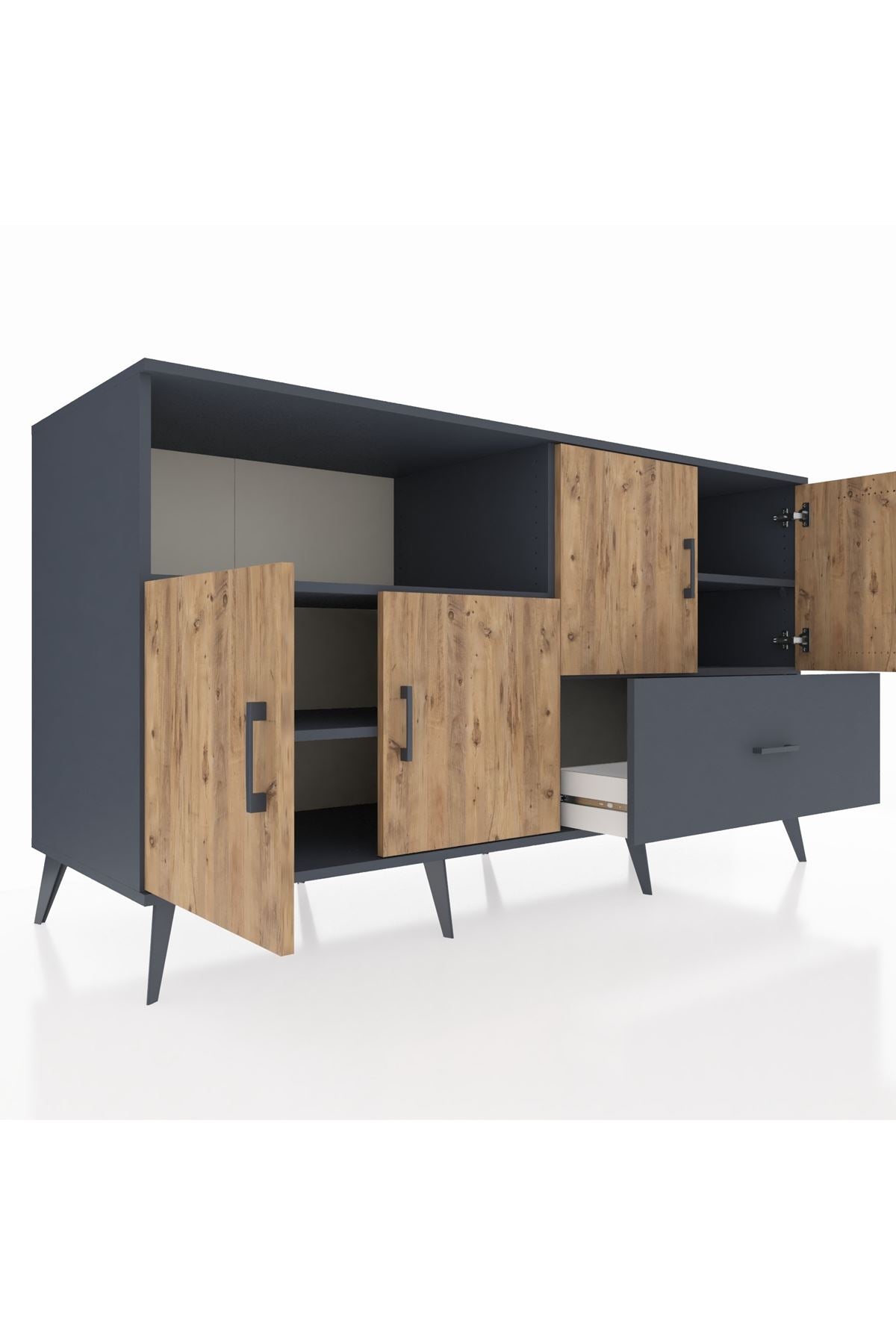 Kronos Konsol 4 Raflı Tek Çekmeceli 4 Kapaklı 176x59x99 Antrasit-Çam/Antrasit