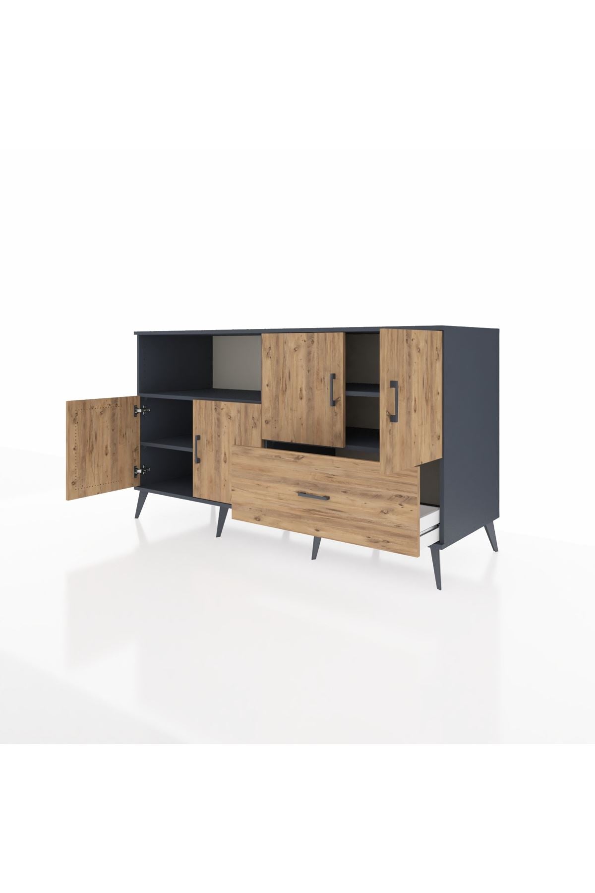 Kronos Konsol 4 Raflı Tek Çekmeceli 4 Kapaklı 176x59x99 Antrasit-Çam