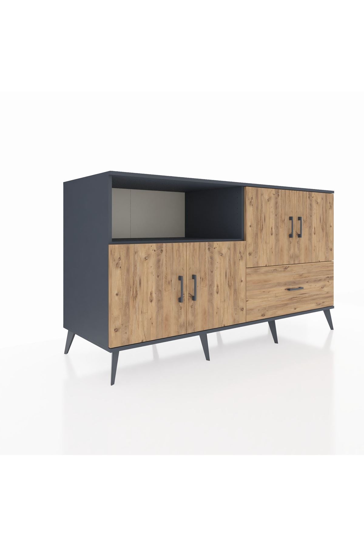 Kronos Konsol 4 Raflı Tek Çekmeceli 4 Kapaklı 176x59x99 Antrasit-Çam