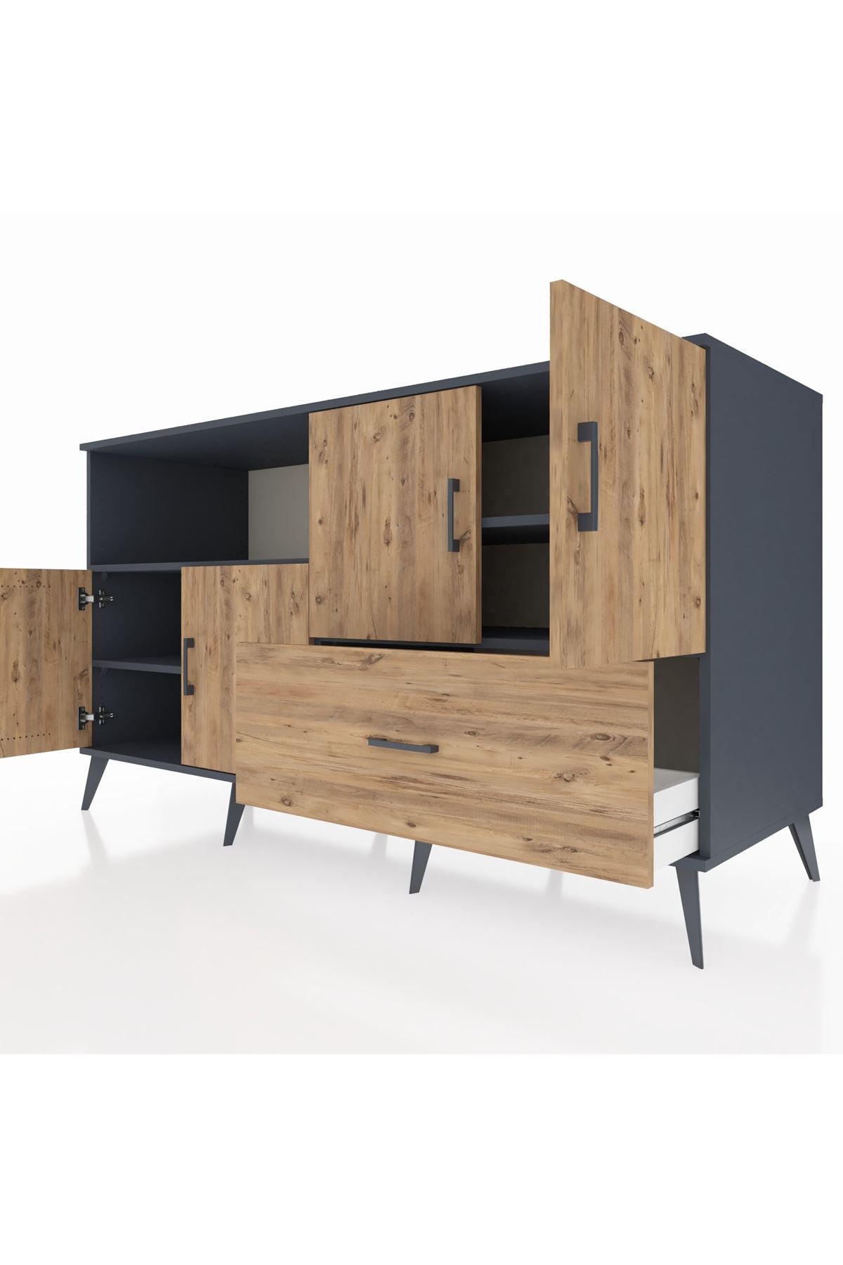 Kronos Konsol 4 Raflı Tek Çekmeceli 4 Kapaklı 176x59x99 Antrasit-Çam