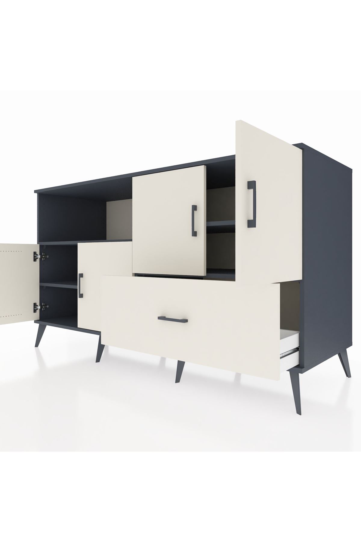 Kronos Konsol 4 Raflı Tek Çekmeceli 4 Kapaklı 176x59x99 Antrasit-Aytaşı