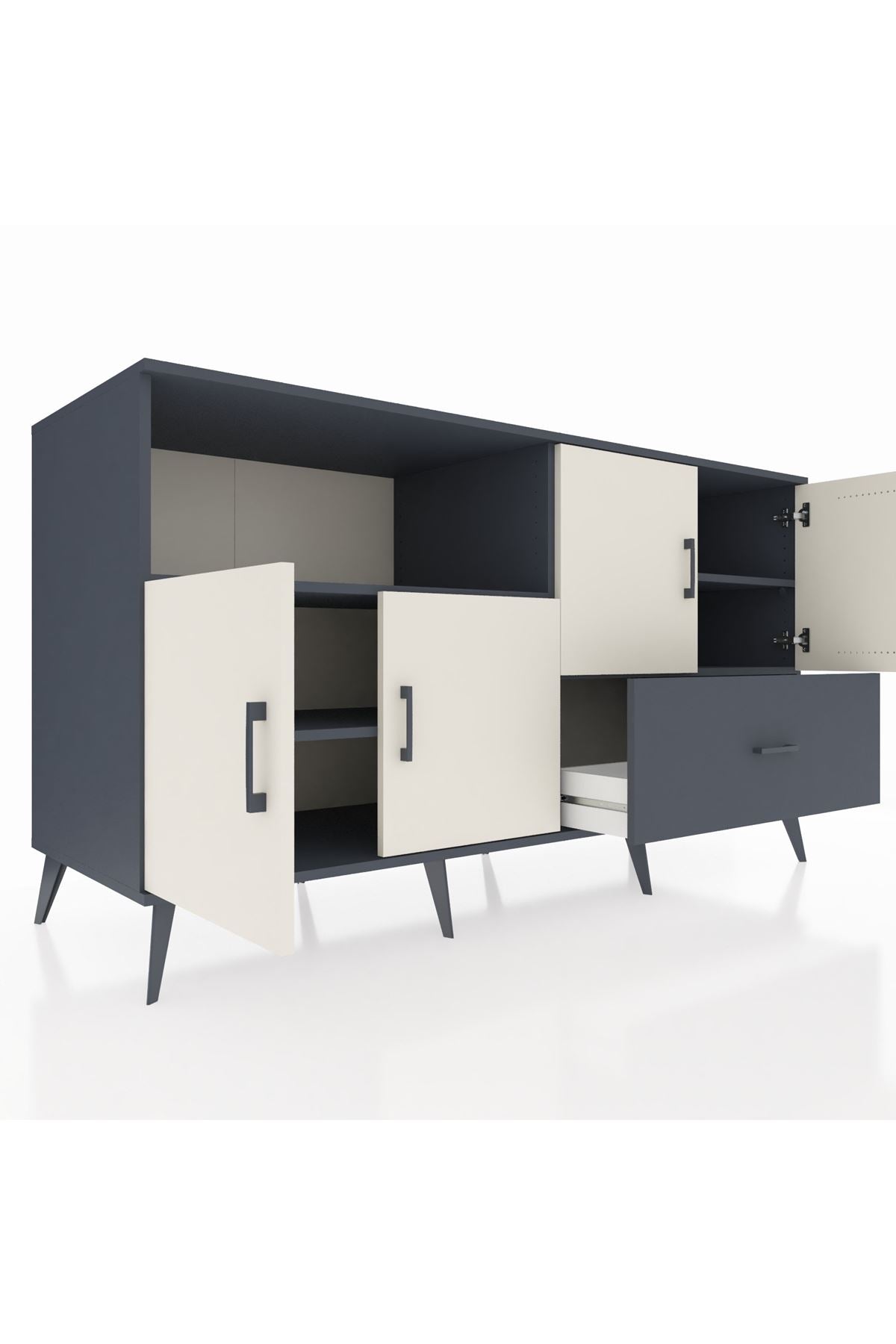 Kronos Konsol 4 Raflı Tek Çekmeceli 4 Kapaklı 176x59x99 Antrasit-Aytaşı/Antrasit