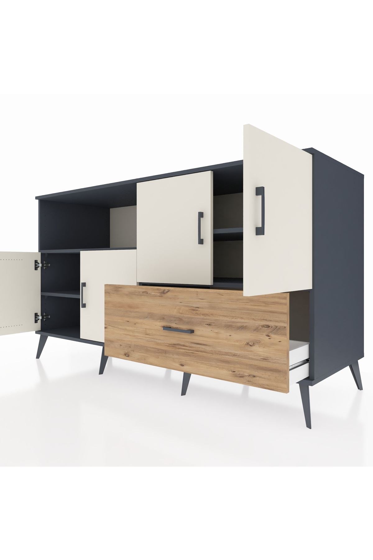 Kronos Konsol 4 Raflı Tek Çekmeceli 4 Kapaklı 176x59x99 Antrasit-Aytaşı/Çam