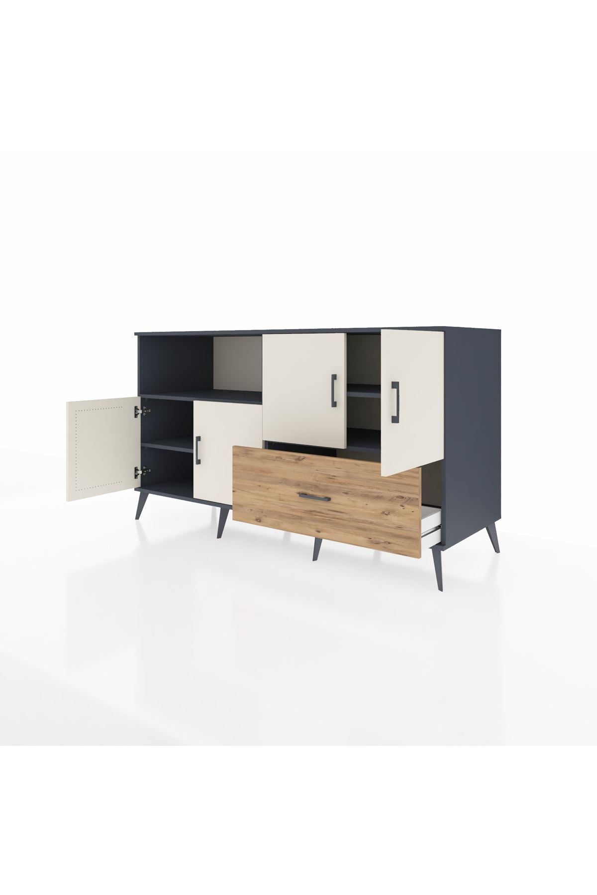 Kronos Konsol 4 Raflı Tek Çekmeceli 4 Kapaklı 176x59x99 Antrasit-Aytaşı/Çam