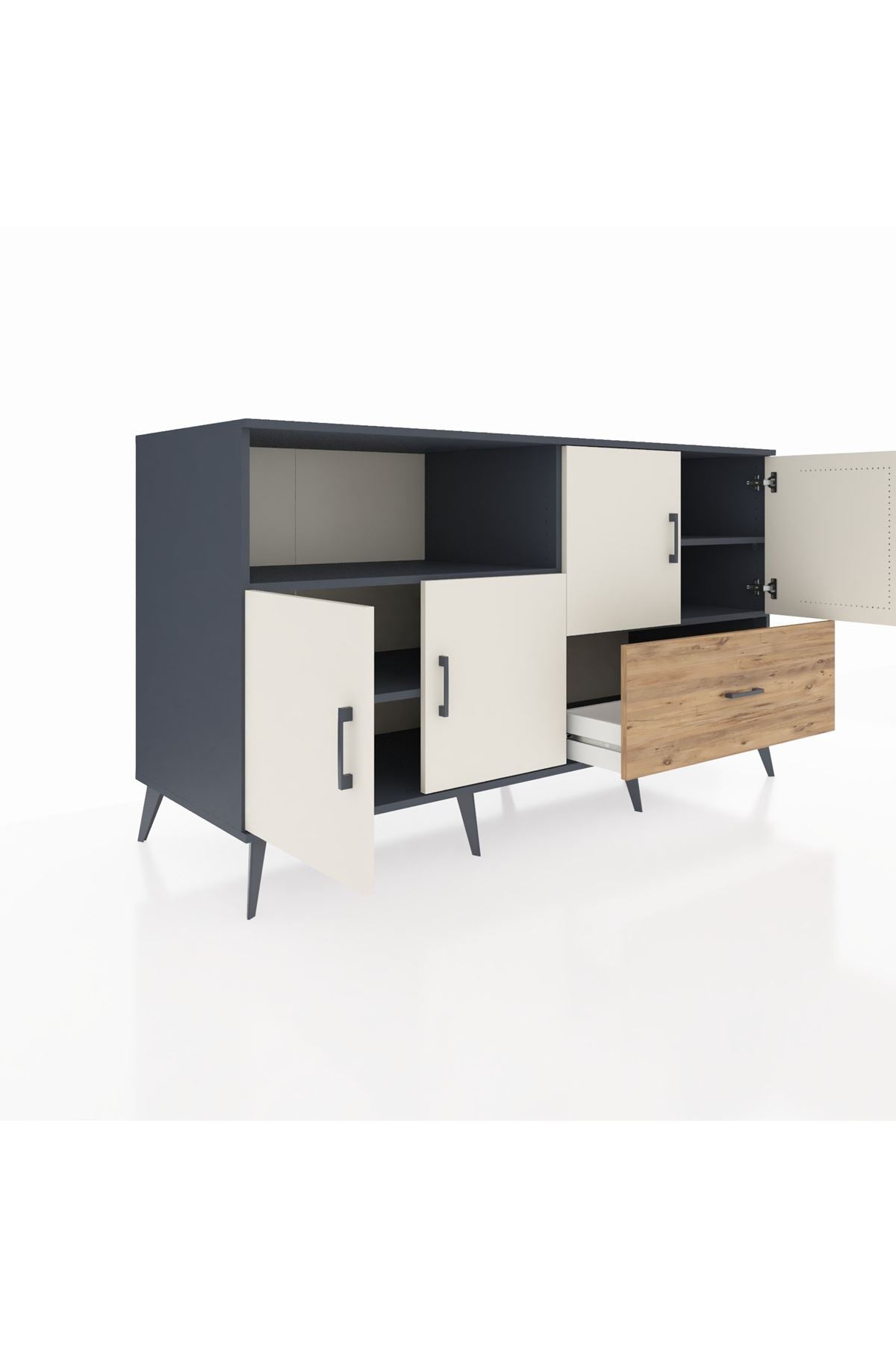 Kronos Konsol 4 Raflı Tek Çekmeceli 4 Kapaklı 176x59x99 Antrasit-Aytaşı/Çam