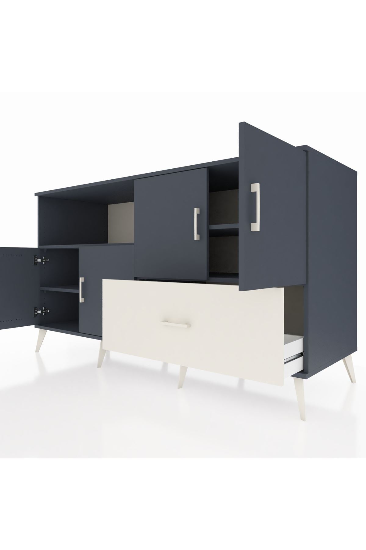 Kronos Konsol 4 Raflı Tek Çekmeceli 4 Kapaklı 176x59x99 Antrasit-Antrasit/Aytaşı