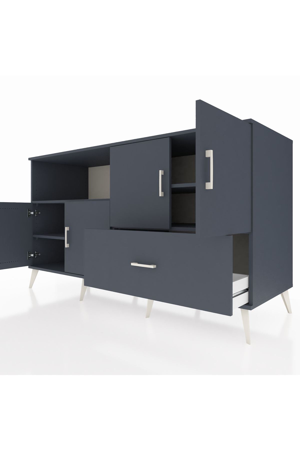 Kronos Konsol 4 Raflı Tek Çekmeceli 4 Kapaklı 176x59x99 Antrasit-Antrasit