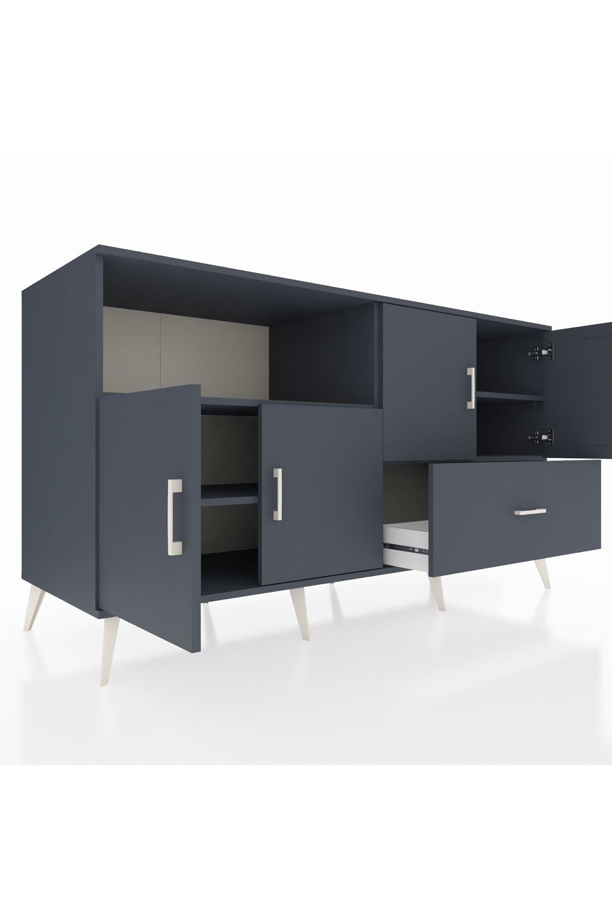 Kronos Konsol 4 Raflı Tek Çekmeceli 4 Kapaklı 176x59x99 Antrasit-Antrasit