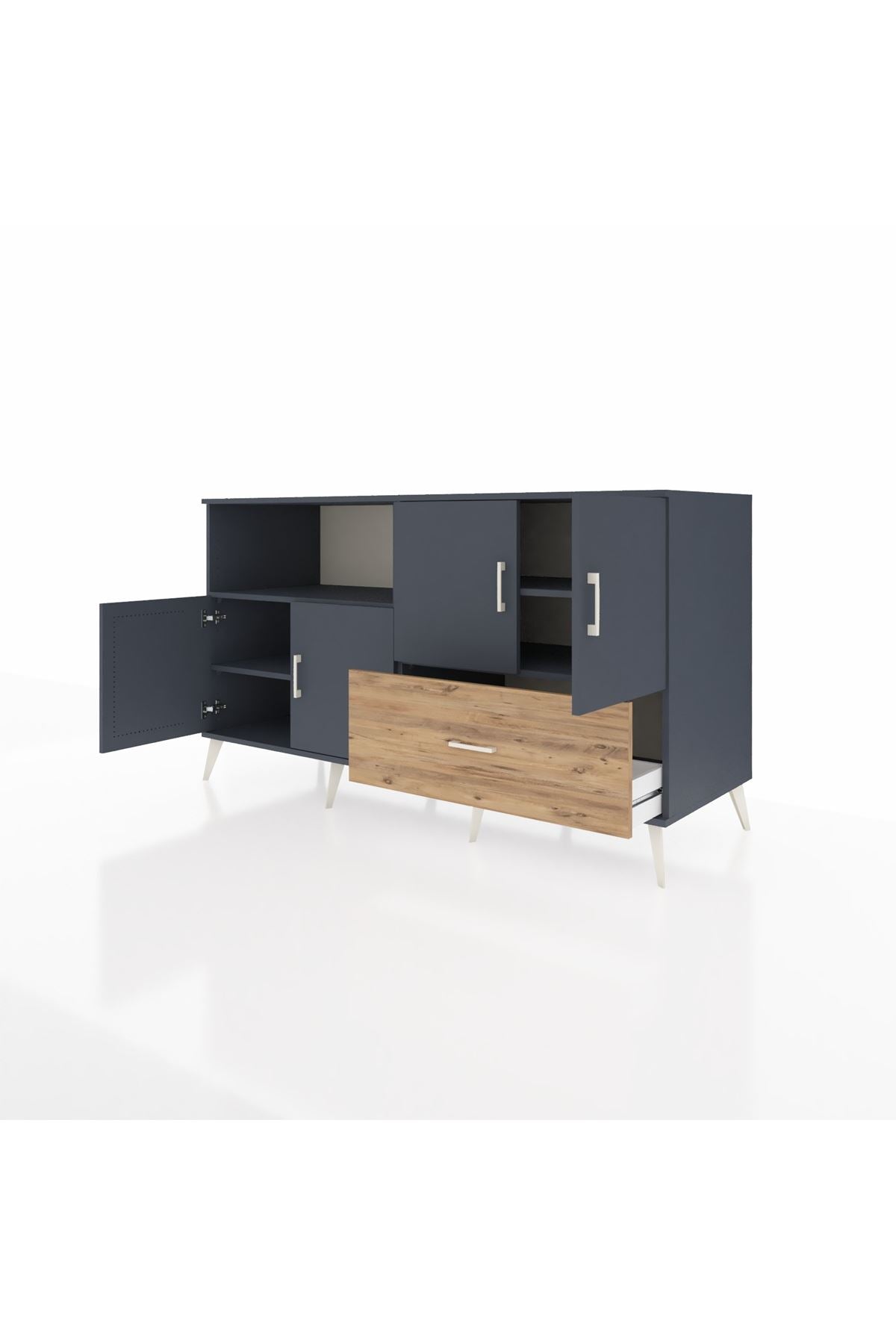 Kronos Konsol 4 Raflı Tek Çekmeceli 4 Kapaklı 176x59x99 Antrasit-Antrasit/Çam