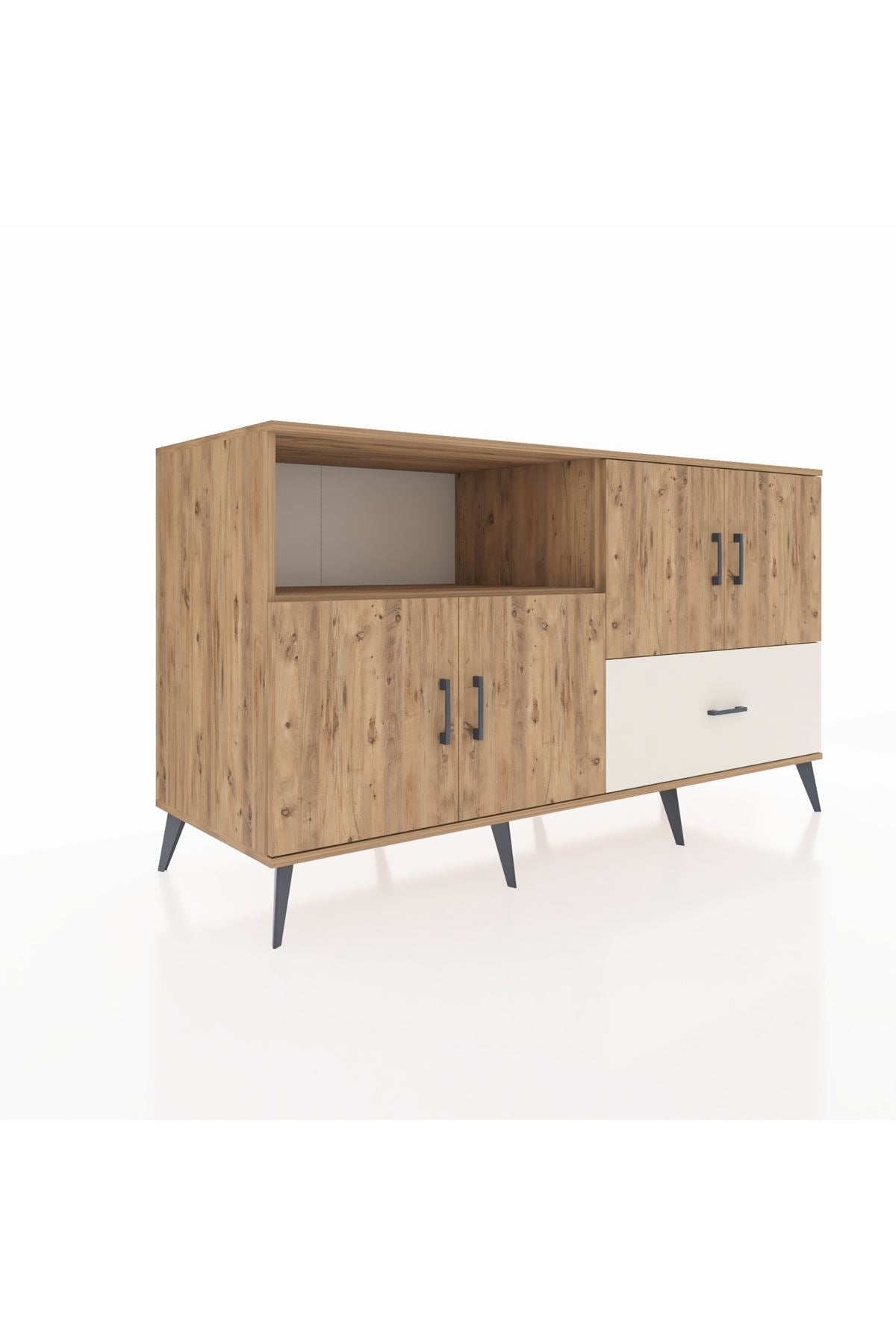 Kronos Konsol 4 Raflı Tek Çekmeceli 4 Kapaklı 176x59x99 Çam-Çam/Aytaşı