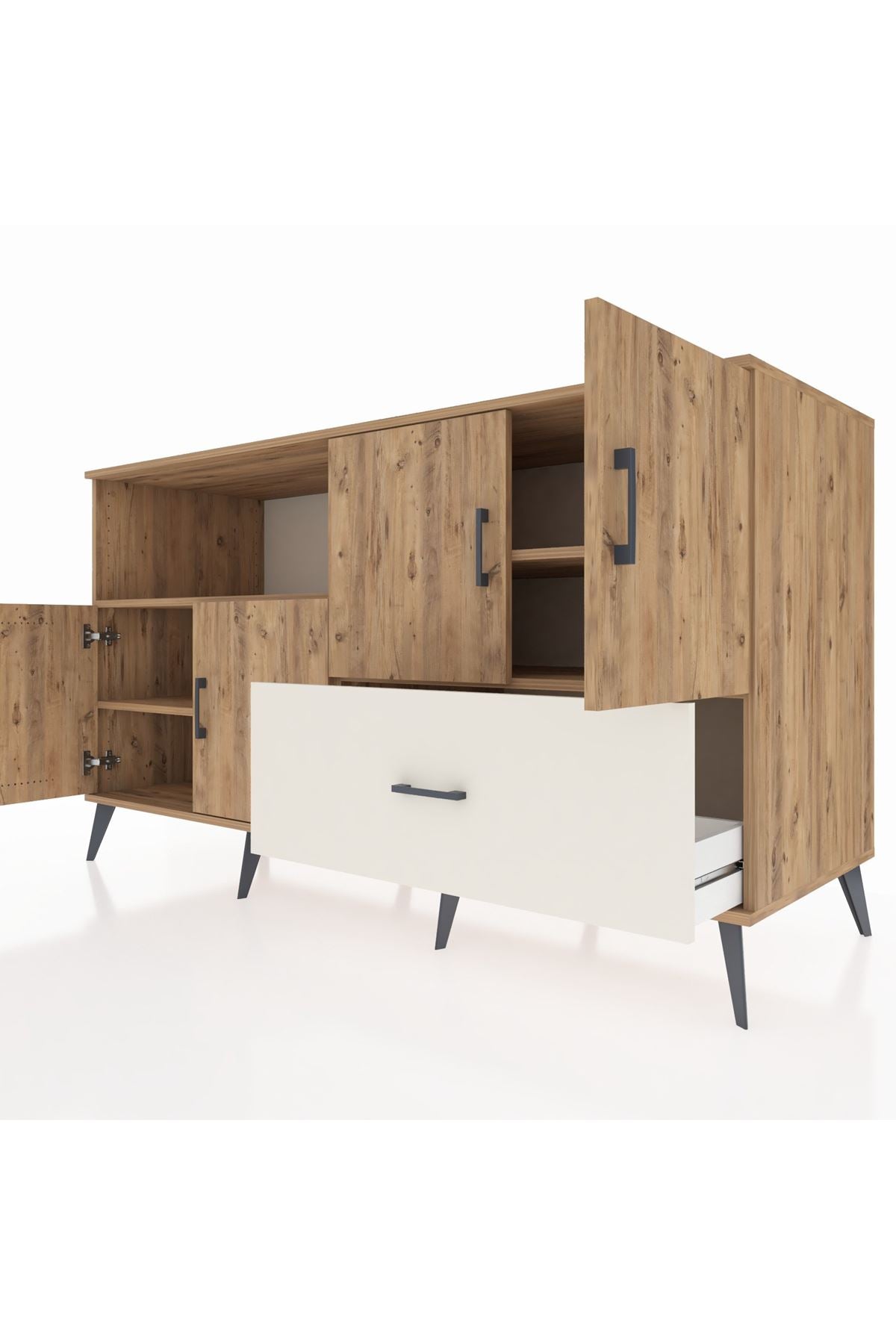 Kronos Konsol 4 Raflı Tek Çekmeceli 4 Kapaklı 176x59x99 Çam-Çam/Aytaşı