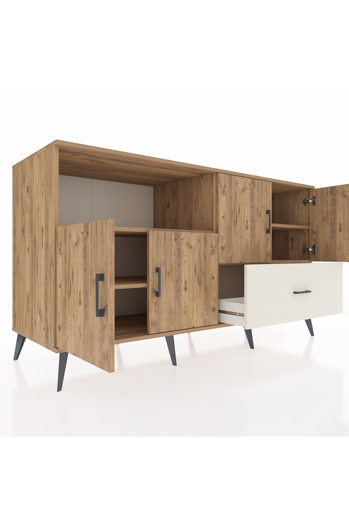 Kronos Konsol 4 Raflı Tek Çekmeceli 4 Kapaklı 176x59x99 Çam-Çam/Aytaşı