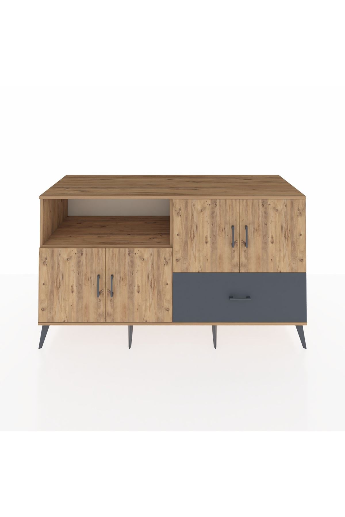 Kronos Konsol 4 Raflı Tek Çekmeceli 4 Kapaklı 176x59x99 Çam-Çam/Antrasit