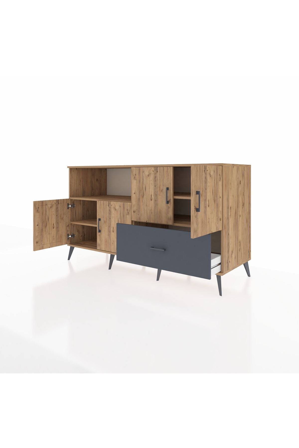 Kronos Konsol 4 Raflı Tek Çekmeceli 4 Kapaklı 176x59x99 Çam-Çam/Antrasit