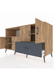 Kronos Konsol 4 Raflı Tek Çekmeceli 4 Kapaklı 176x59x99 Çam-Çam/Antrasit