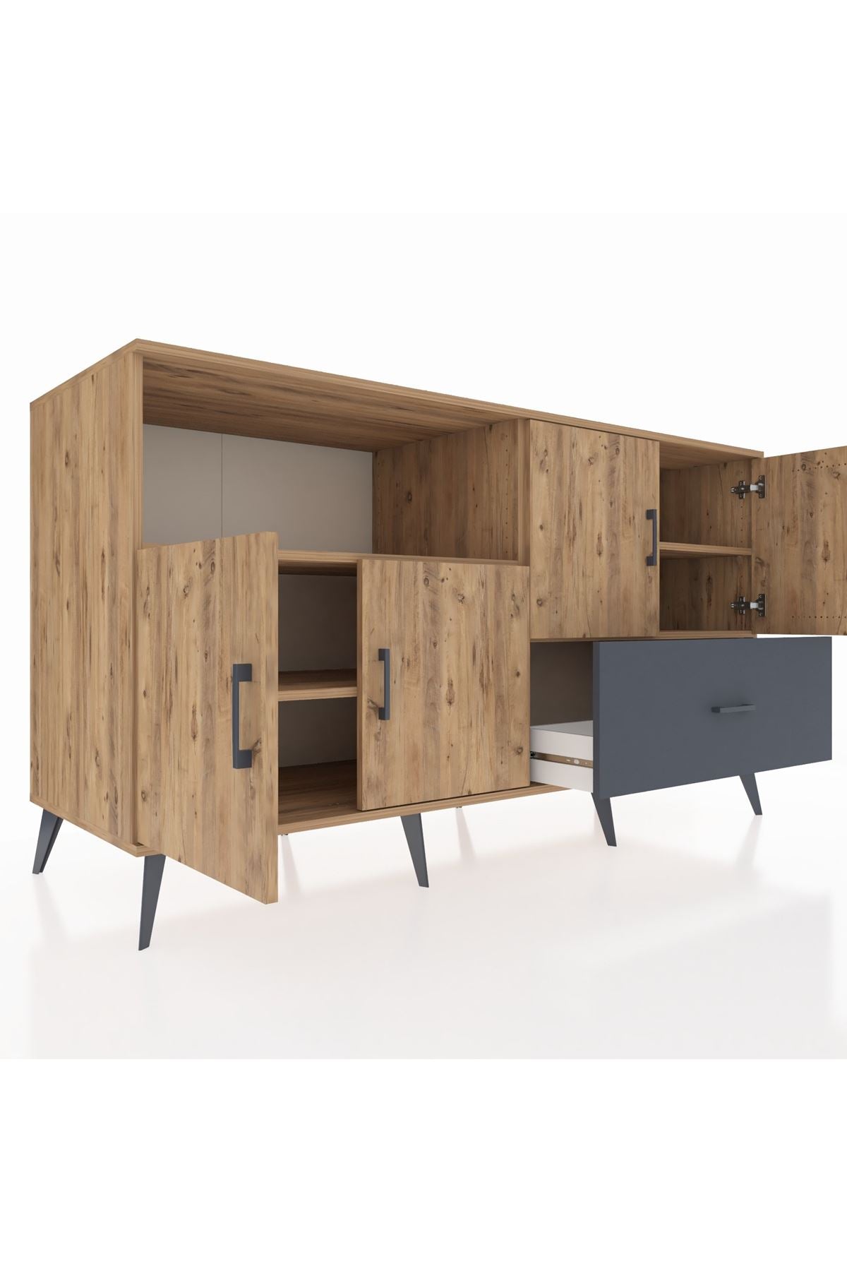 Kronos Konsol 4 Raflı Tek Çekmeceli 4 Kapaklı 176x59x99 Çam-Çam/Antrasit