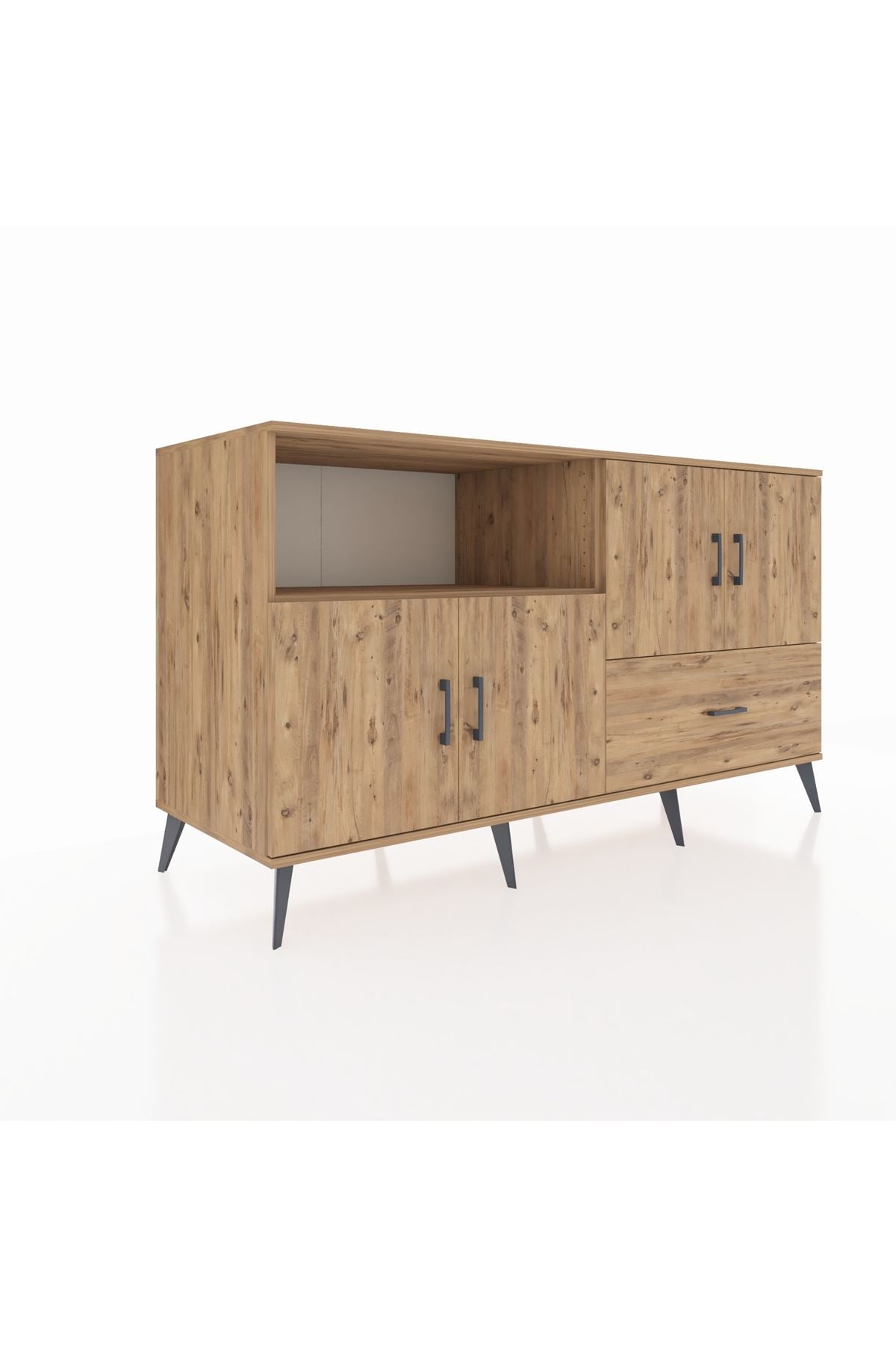 Kronos Konsol 4 Raflı Tek Çekmeceli 4 Kapaklı 176x59x99 Çam-Çam