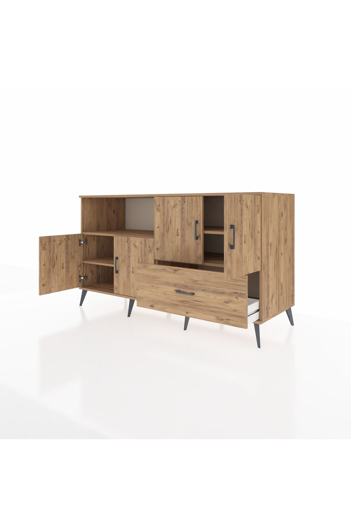 Kronos Konsol 4 Raflı Tek Çekmeceli 4 Kapaklı 176x59x99 Çam-Çam