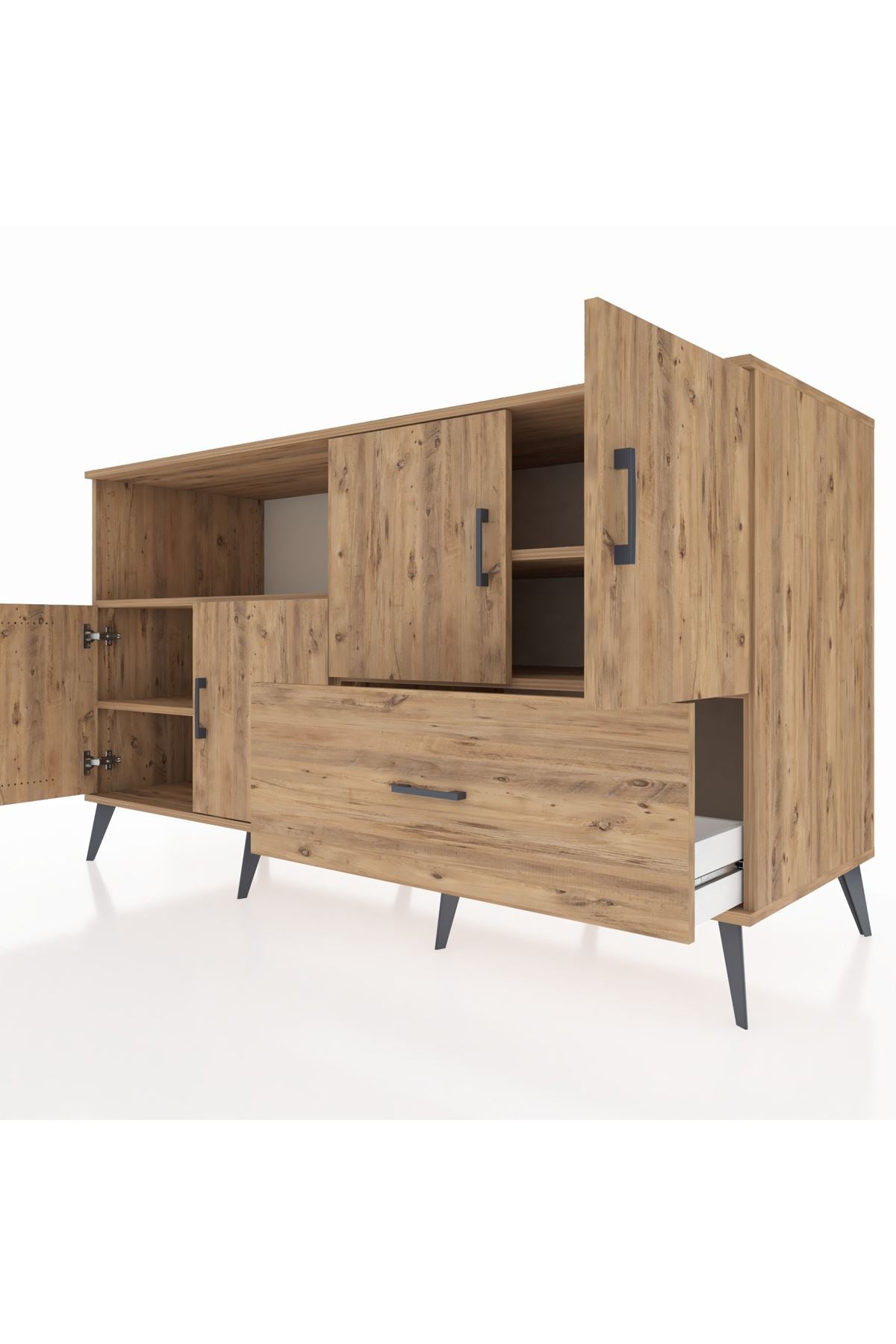 Kronos Konsol 4 Raflı Tek Çekmeceli 4 Kapaklı 176x59x99 Çam-Çam