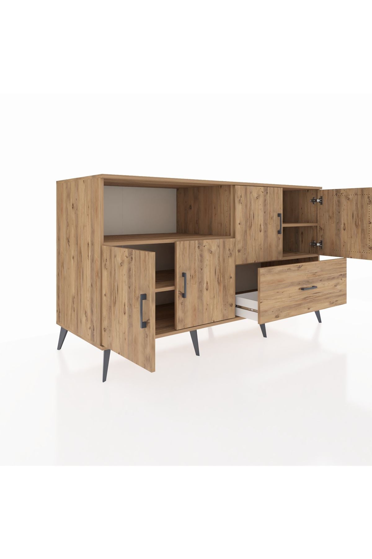 Kronos Konsol 4 Raflı Tek Çekmeceli 4 Kapaklı 176x59x99 Çam-Çam