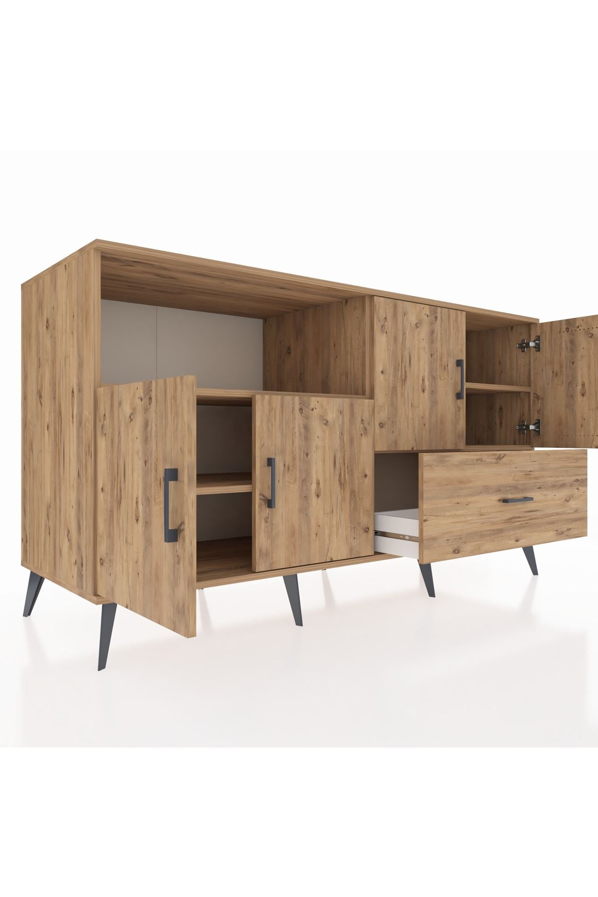 Kronos Konsol 4 Raflı Tek Çekmeceli 4 Kapaklı 176x59x99 Çam-Çam