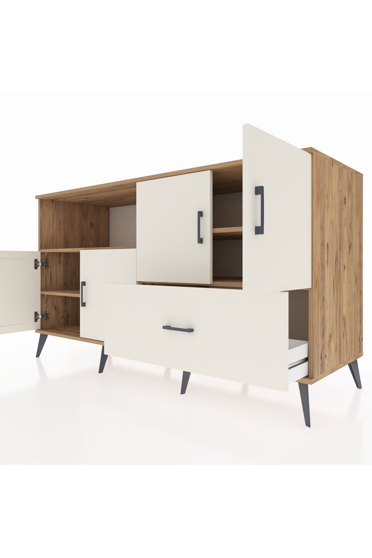 Kronos Konsol 4 Raflı Tek Çekmeceli 4 Kapaklı 176x59x99 Çam-Aytaşı