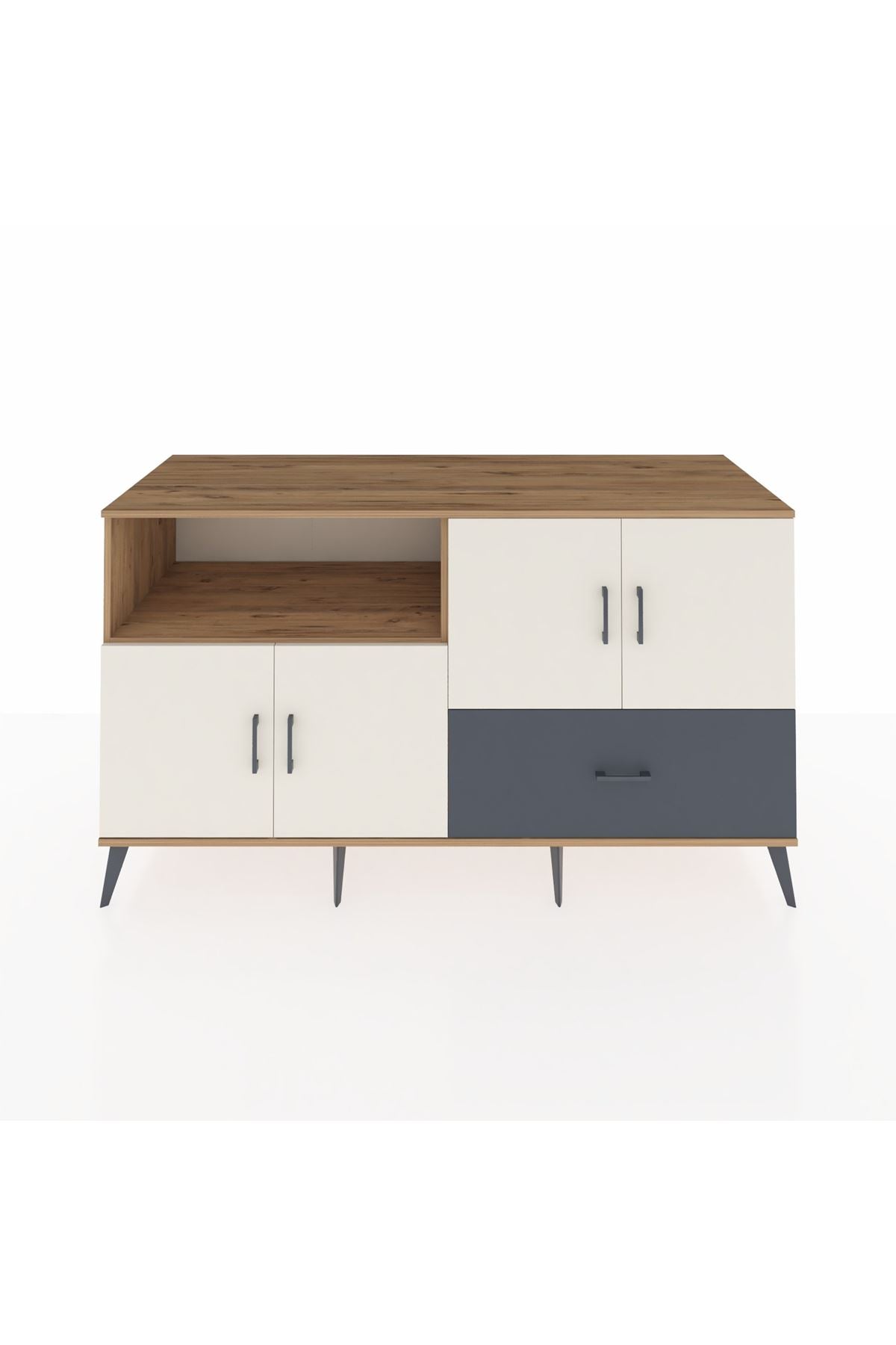 Kronos Konsol 4 Raflı Tek Çekmeceli 4 Kapaklı 176x59x99 Çam-Aytaşı/Antrasit