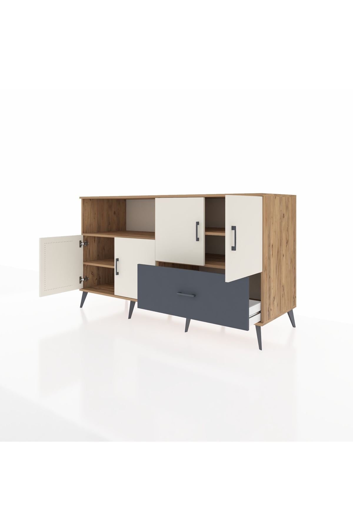 Kronos Konsol 4 Raflı Tek Çekmeceli 4 Kapaklı 176x59x99 Çam-Aytaşı/Antrasit