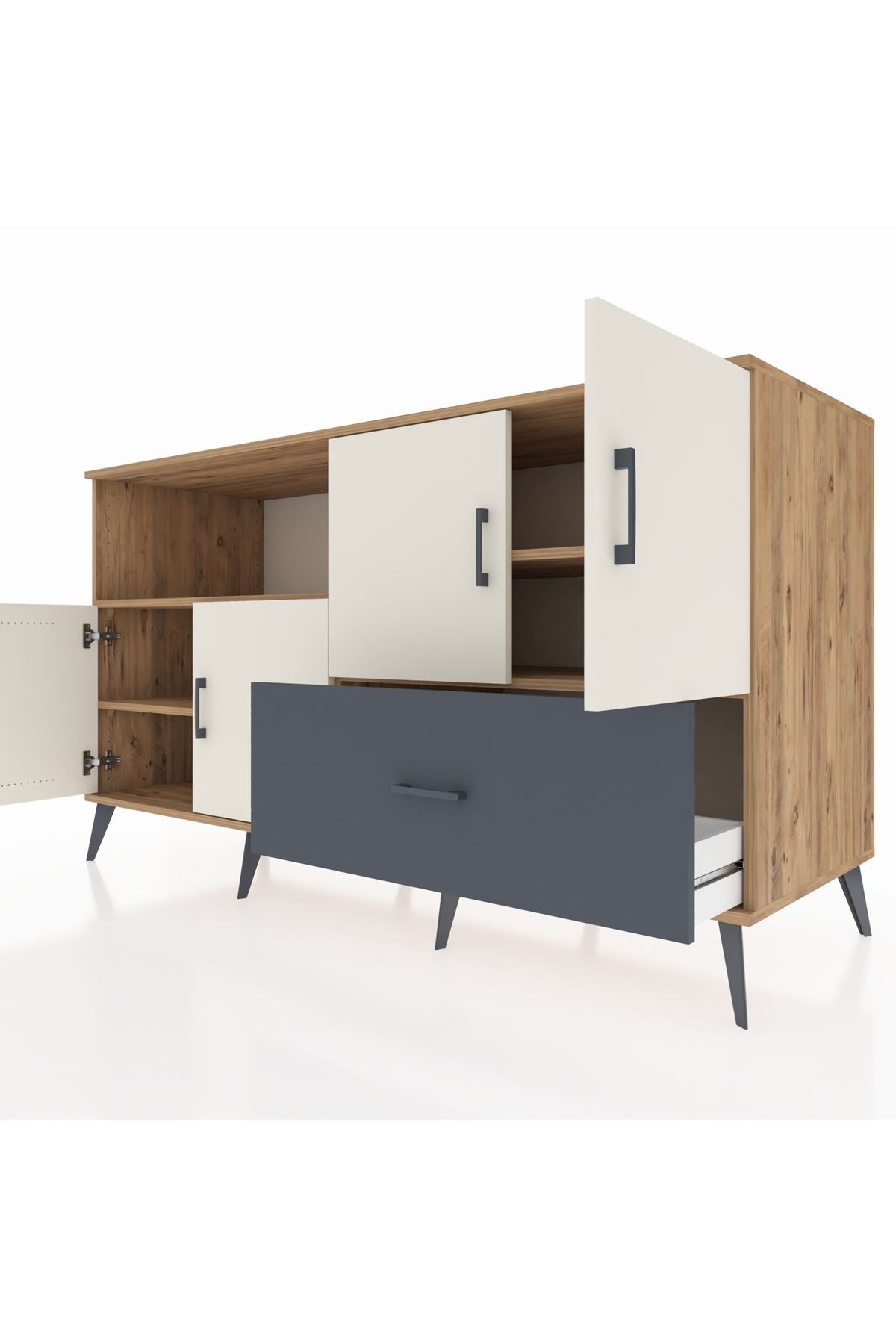 Kronos Konsol 4 Raflı Tek Çekmeceli 4 Kapaklı 176x59x99 Çam-Aytaşı/Antrasit