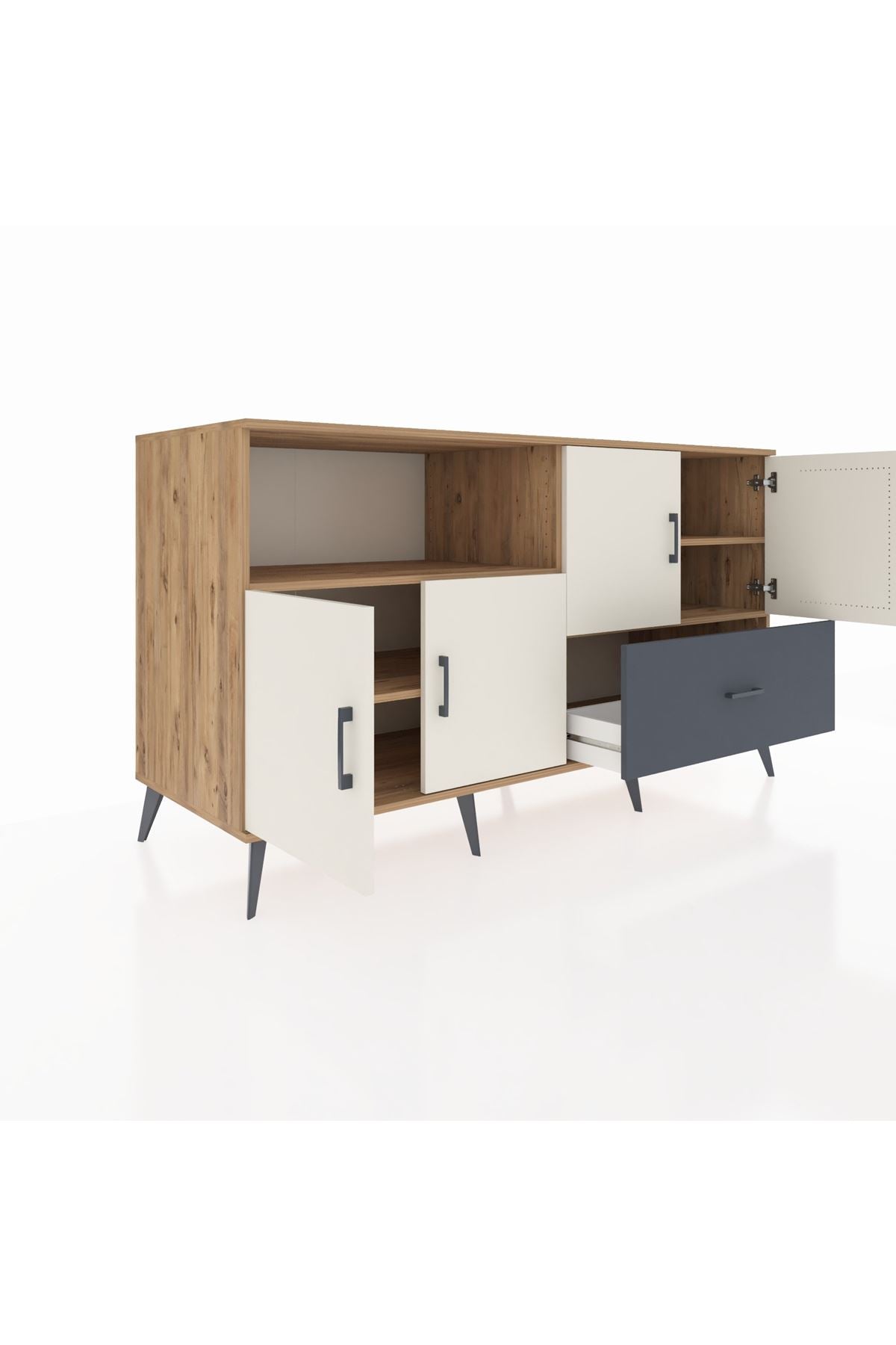 Kronos Konsol 4 Raflı Tek Çekmeceli 4 Kapaklı 176x59x99 Çam-Aytaşı/Antrasit