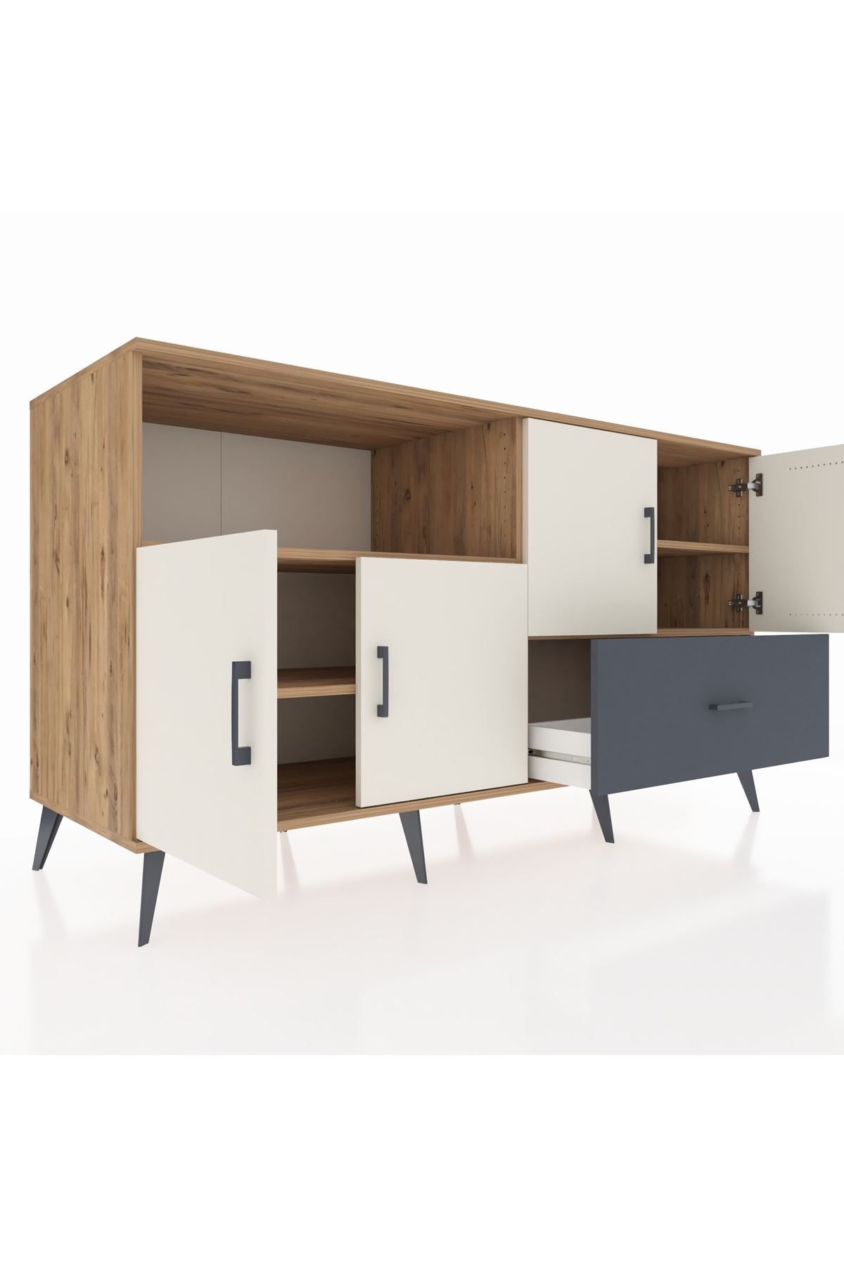 Kronos Konsol 4 Raflı Tek Çekmeceli 4 Kapaklı 176x59x99 Çam-Aytaşı/Antrasit