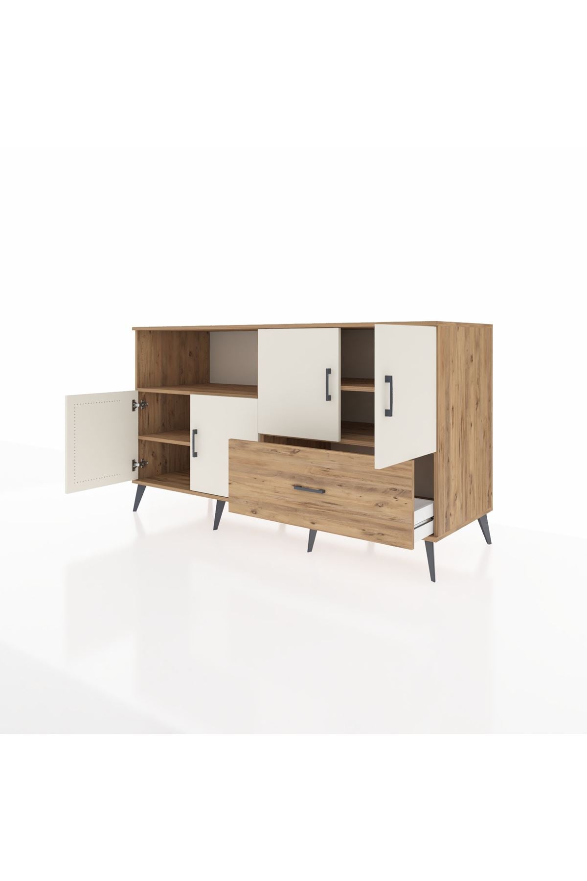 Kronos Konsol 4 Raflı Tek Çekmeceli 4 Kapaklı 176x59x99 Çam-Aytaşı/Çam