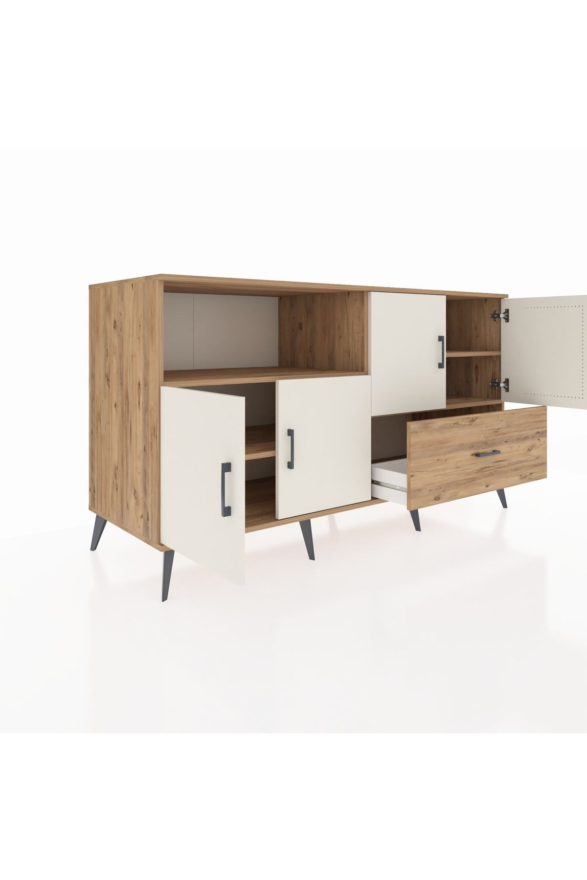 Kronos Konsol 4 Raflı Tek Çekmeceli 4 Kapaklı 176x59x99 Çam-Aytaşı/Çam