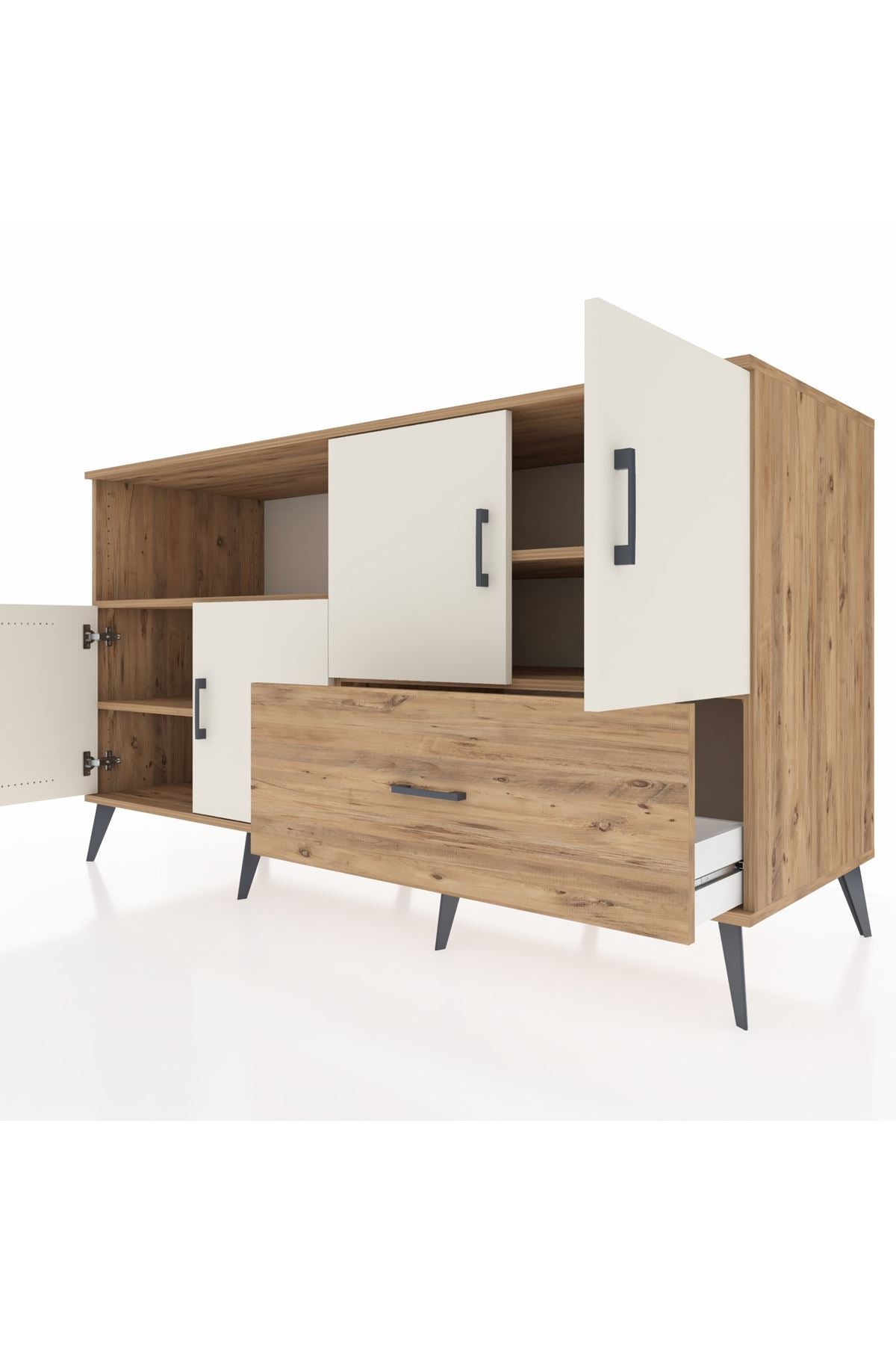 Kronos Konsol 4 Raflı Tek Çekmeceli 4 Kapaklı 176x59x99 Çam-Aytaşı/Çam