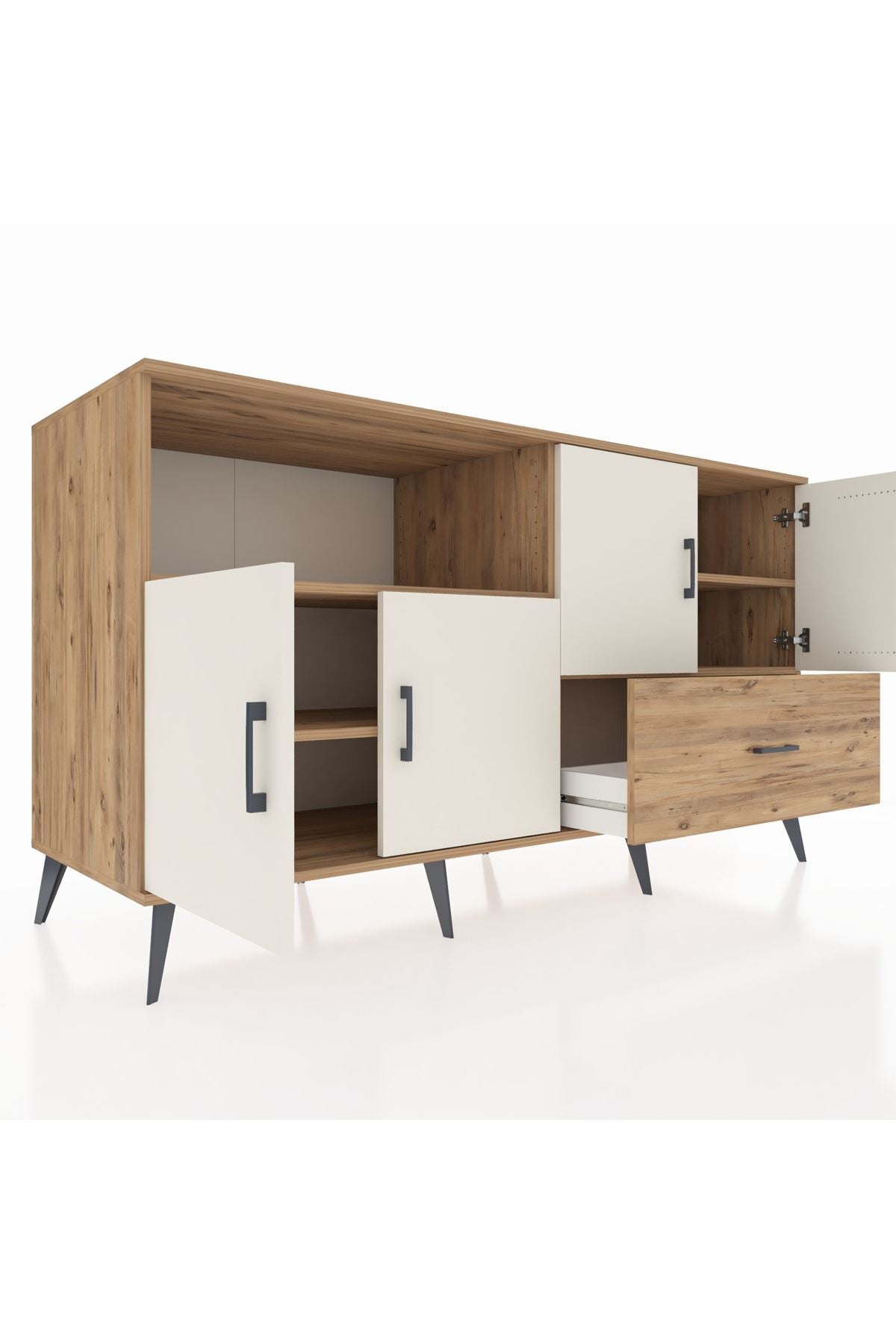 Kronos Konsol 4 Raflı Tek Çekmeceli 4 Kapaklı 176x59x99 Çam-Aytaşı/Çam