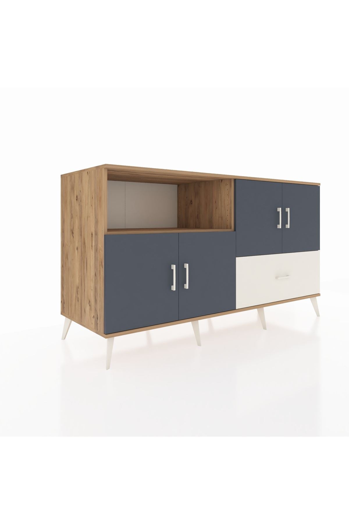 Kronos Konsol 4 Raflı Tek Çekmeceli 4 Kapaklı 176x59x99 Çam-Antrasit/Aytaşı