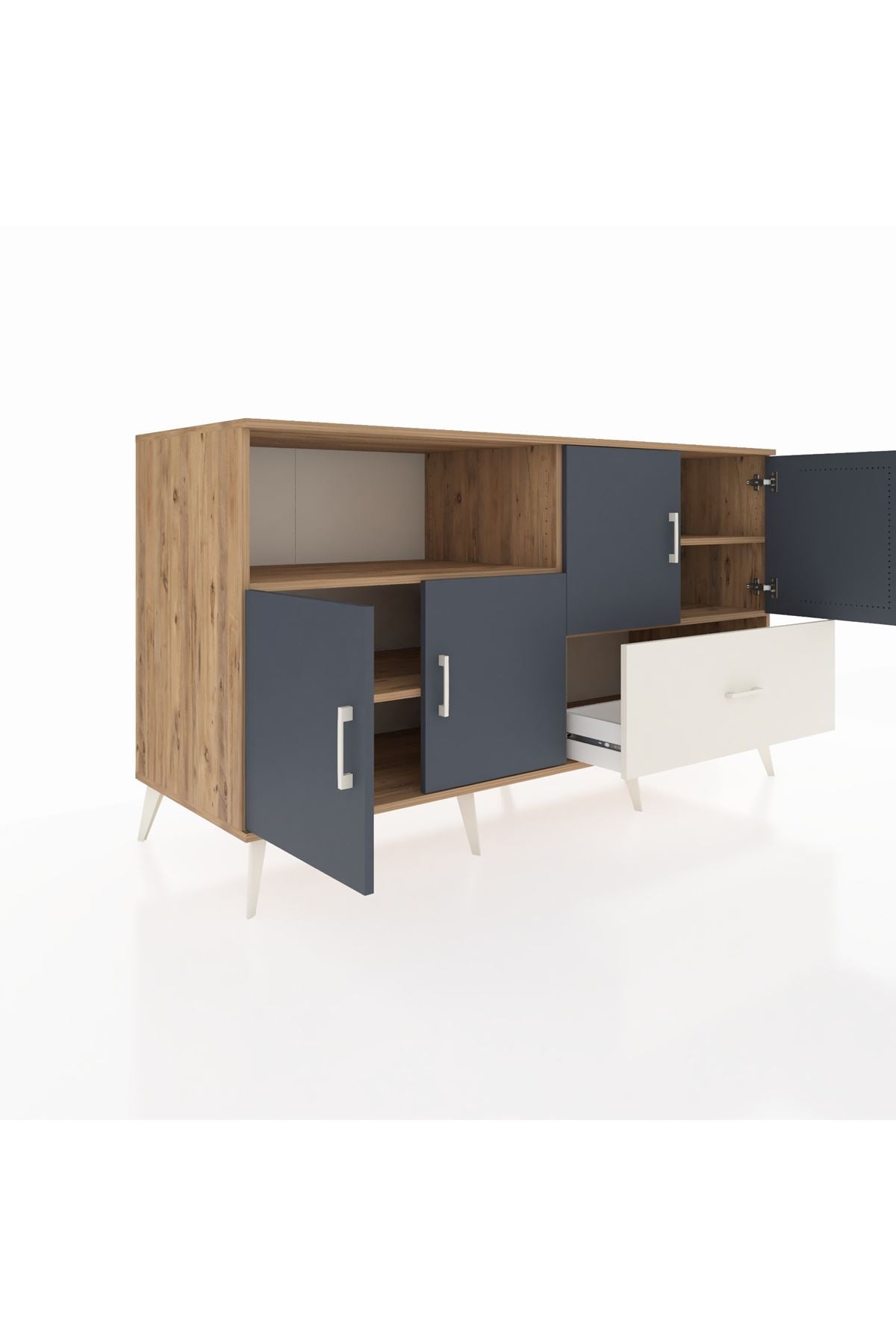 Kronos Konsol 4 Raflı Tek Çekmeceli 4 Kapaklı 176x59x99 Çam-Antrasit/Aytaşı