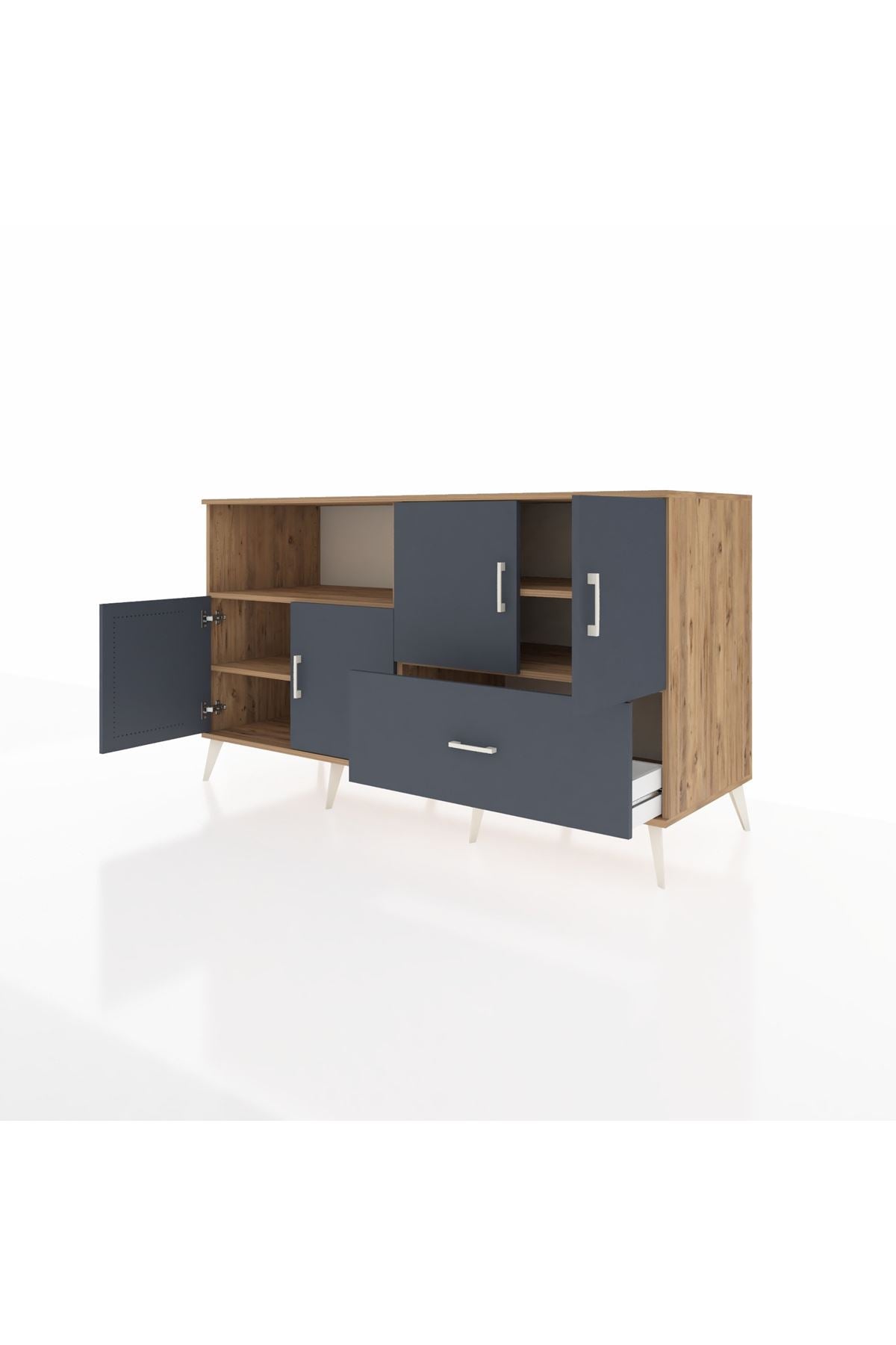 Kronos Konsol 4 Raflı Tek Çekmeceli 4 Kapaklı 176x59x99 Çam-Antrasit