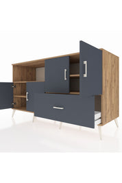 Kronos Konsol 4 Raflı Tek Çekmeceli 4 Kapaklı 176x59x99 Çam-Antrasit