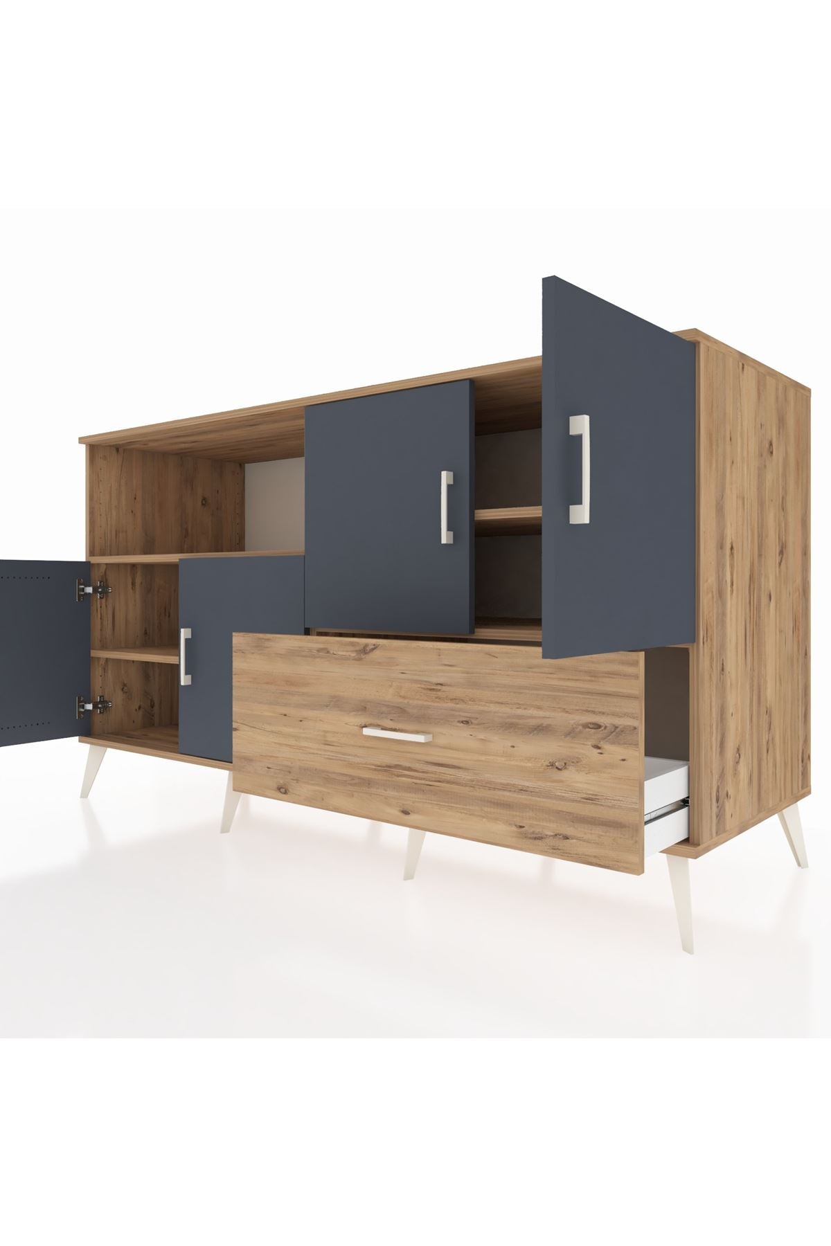 Kronos Konsol 4 Raflı Tek Çekmeceli 4 Kapaklı 176x59x99 Çam-Antrasit/Çam