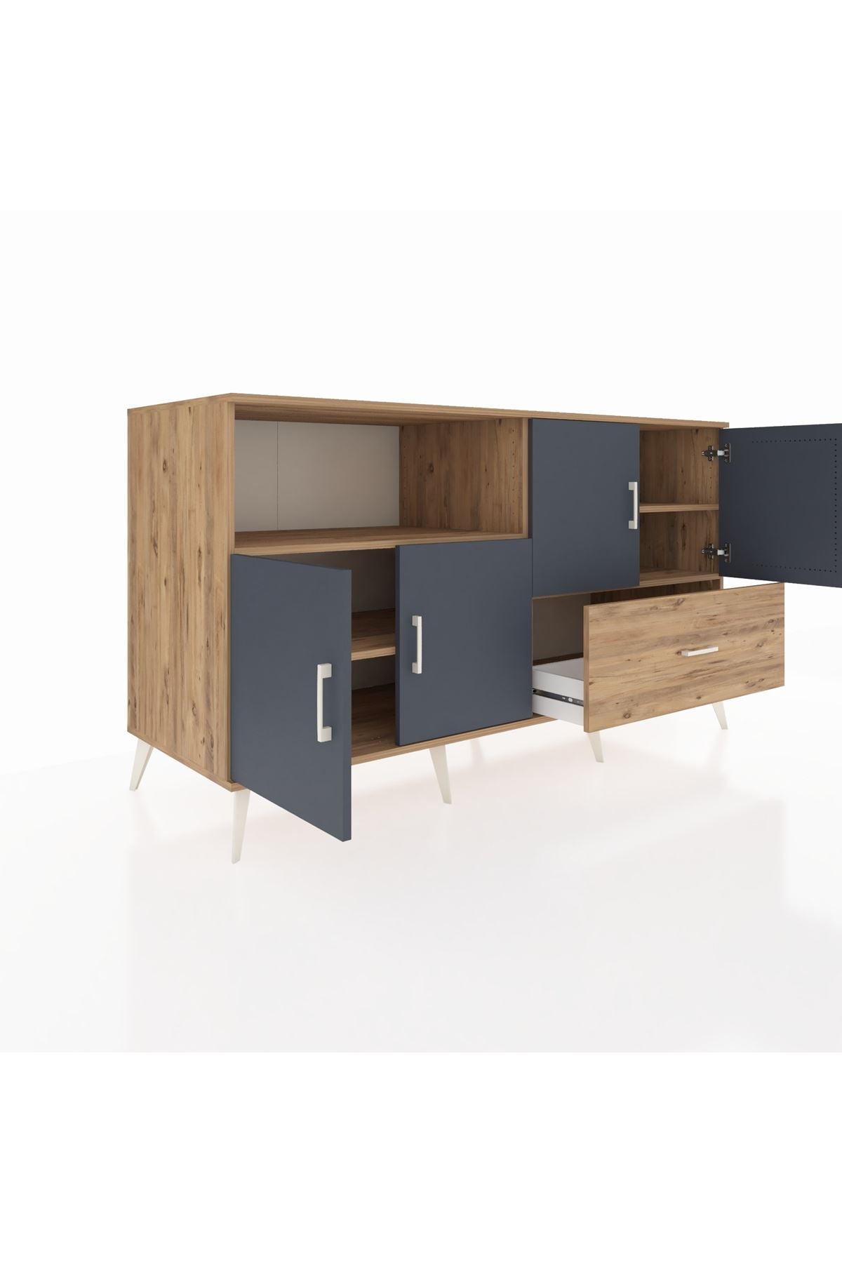 Kronos Konsol 4 Raflı Tek Çekmeceli 4 Kapaklı 176x59x99 Çam-Antrasit/Çam