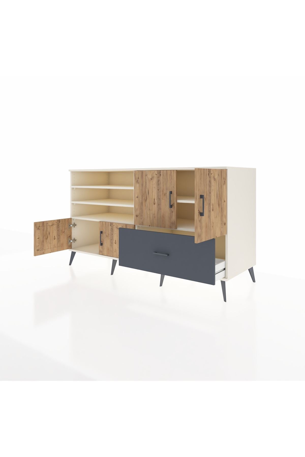 Kronos Konsol 5 Raflı Tek Çekmeceli 4 Kapaklı 176x59x99 Aytaşı-Çam/Antrasit