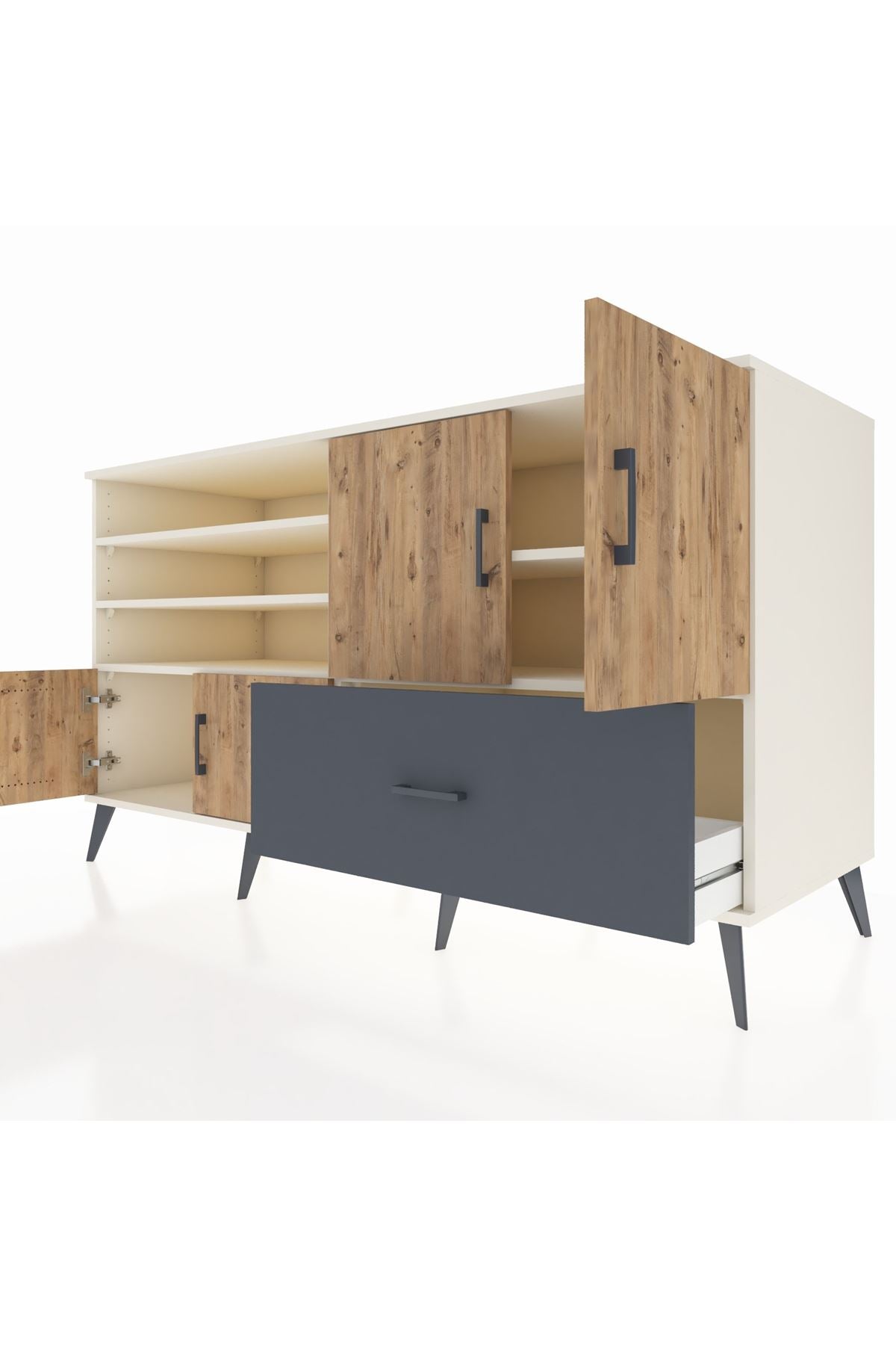 Kronos Konsol 5 Raflı Tek Çekmeceli 4 Kapaklı 176x59x99 Aytaşı-Çam/Antrasit