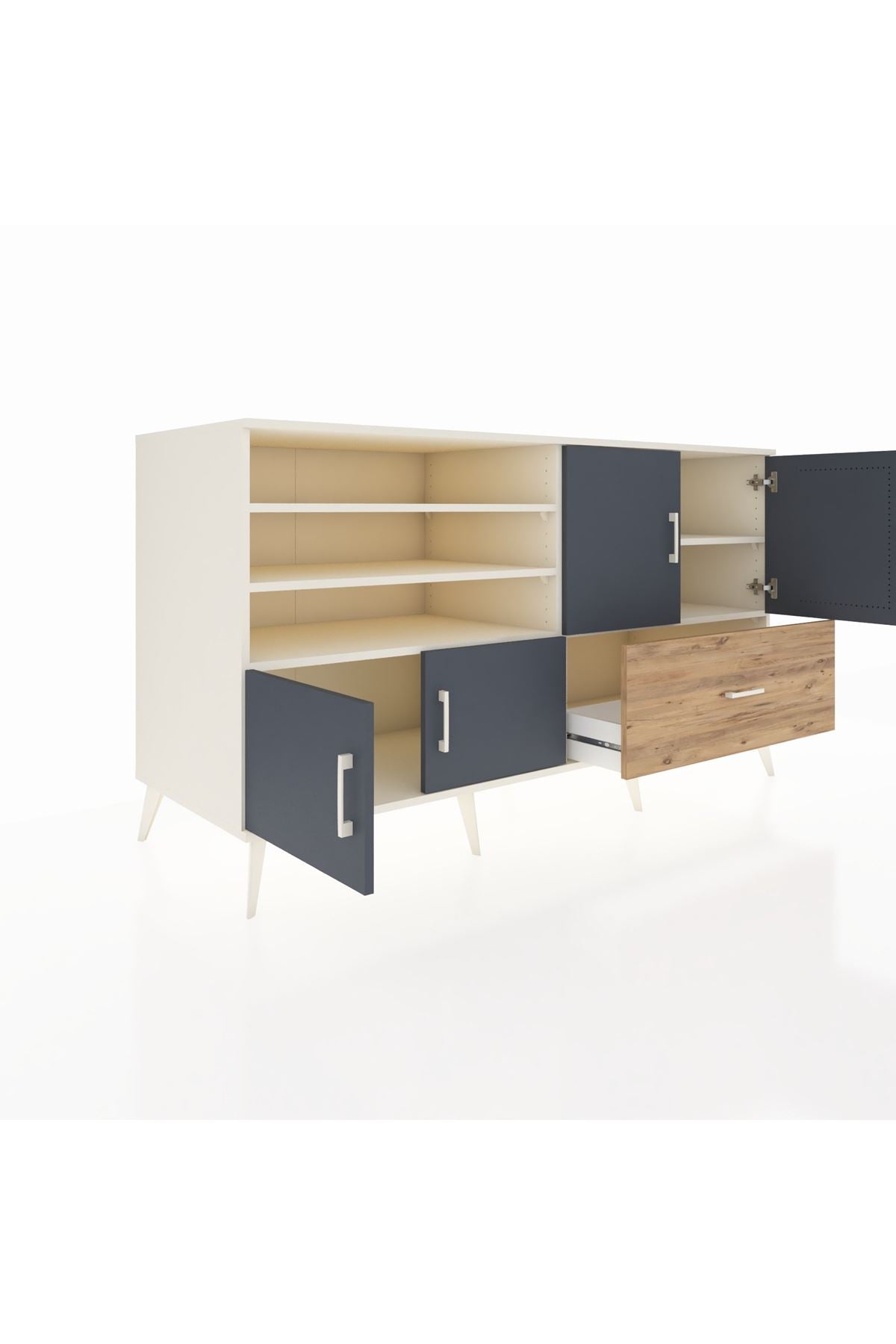 Kronos Konsol 5 Raflı Tek Çekmeceli 4 Kapaklı 176x59x99 Aytaşı-Antrasit/Çam