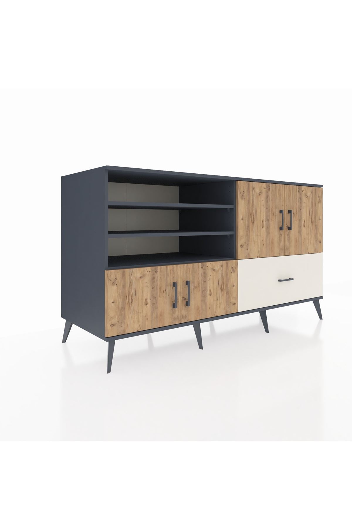 Kronos Konsol 5 Raflı Tek Çekmeceli 4 Kapaklı 176x59x99 Antrasit-Çam/Aytaşı