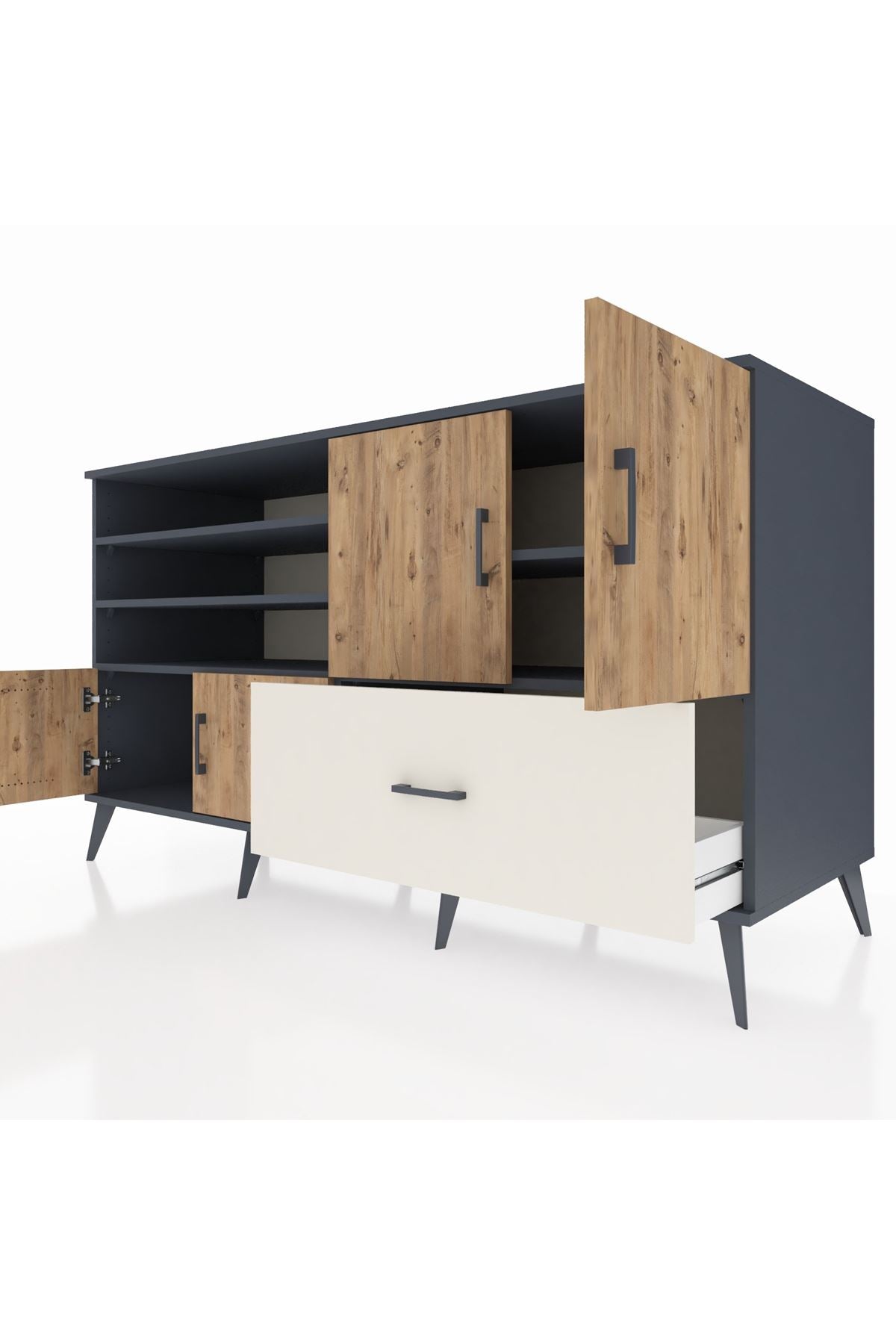 Kronos Konsol 5 Raflı Tek Çekmeceli 4 Kapaklı 176x59x99 Antrasit-Çam/Aytaşı